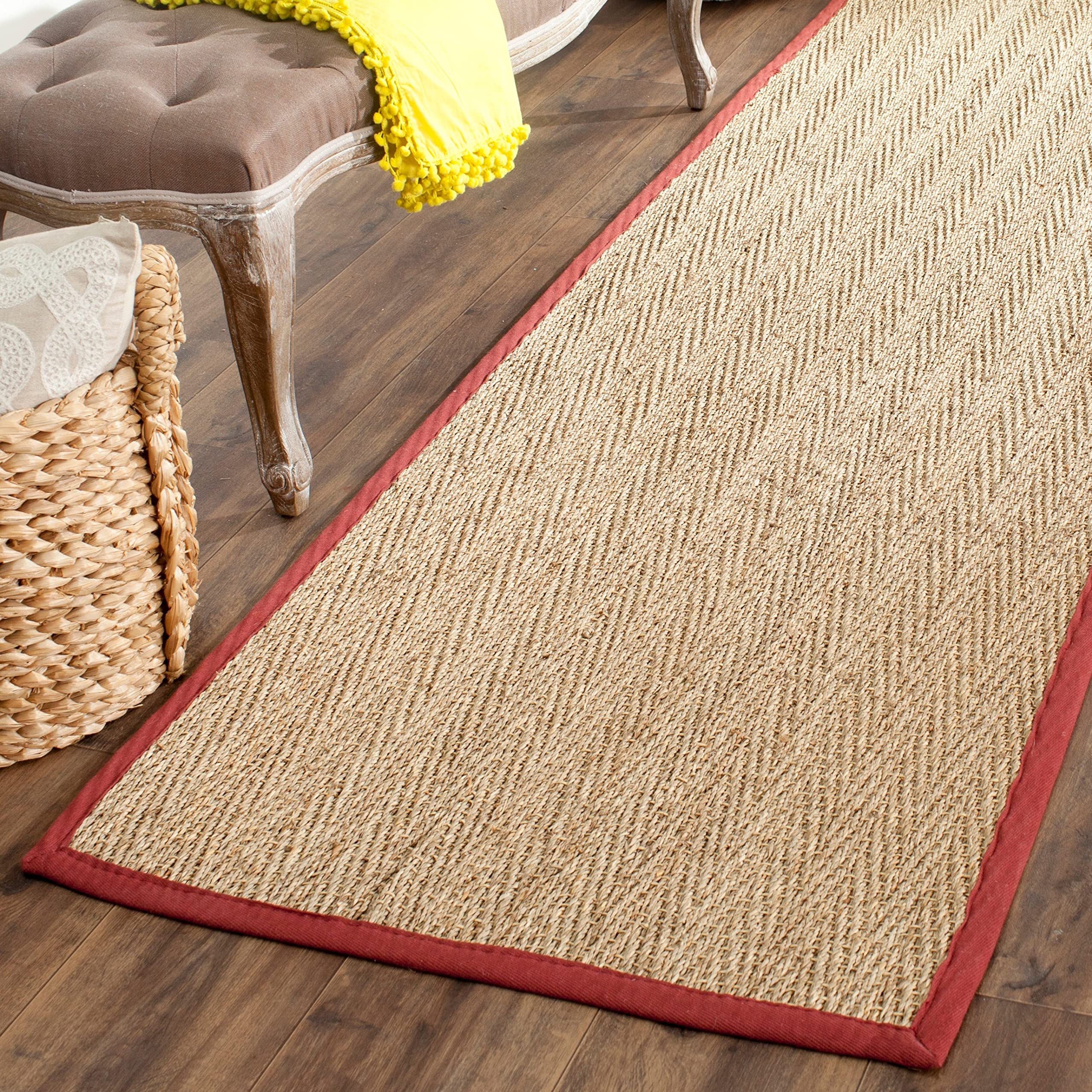 SAFAVIEH Natural Fiber Collection Runner Rug - 26 x 14, Natural & Red, Border Herringbone Seagrass Design, Easy Care, Ideal fo