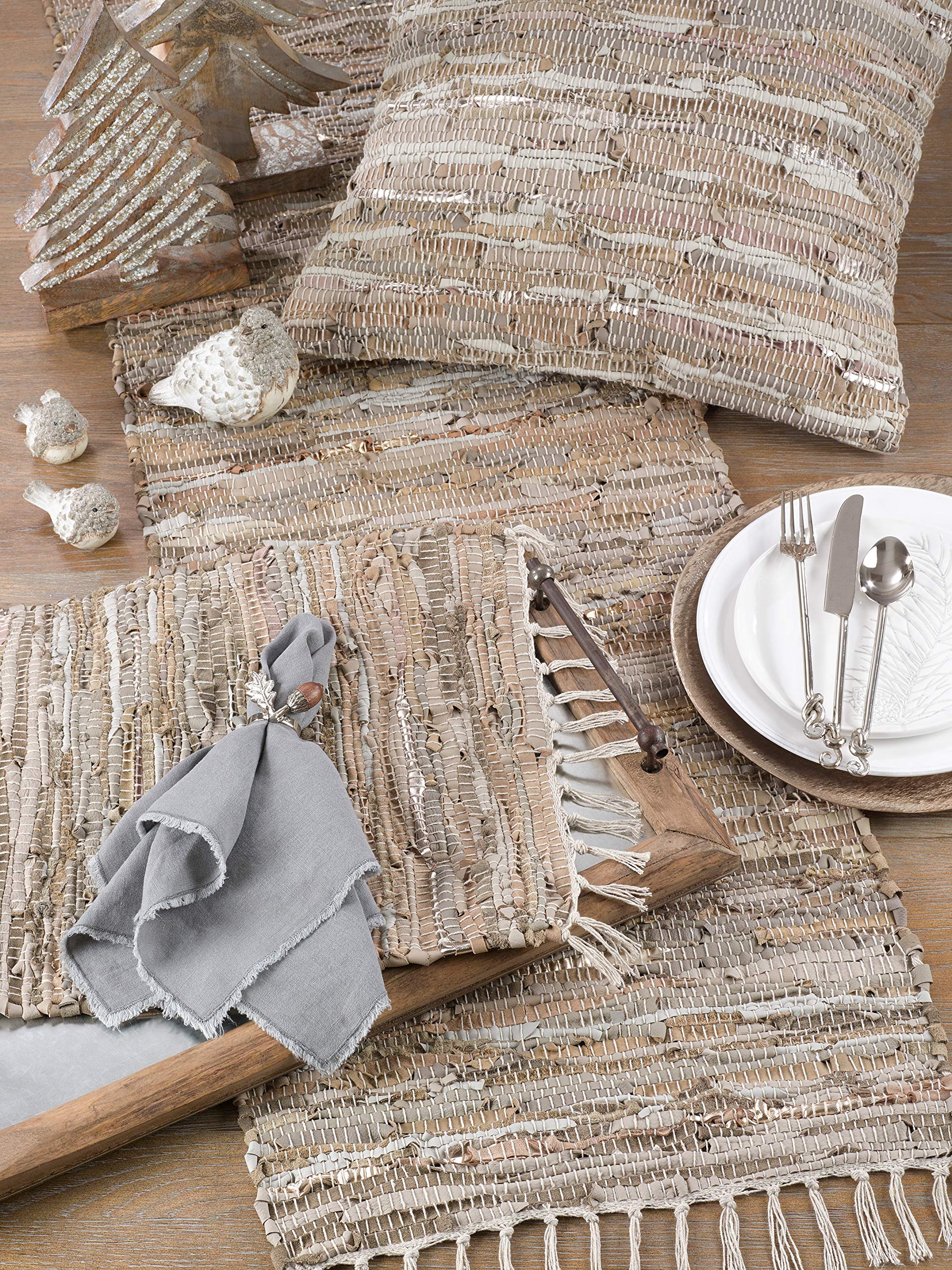 Saro Lifestyle Leather Chindi Table Runner, Natural, 16'' X 90''