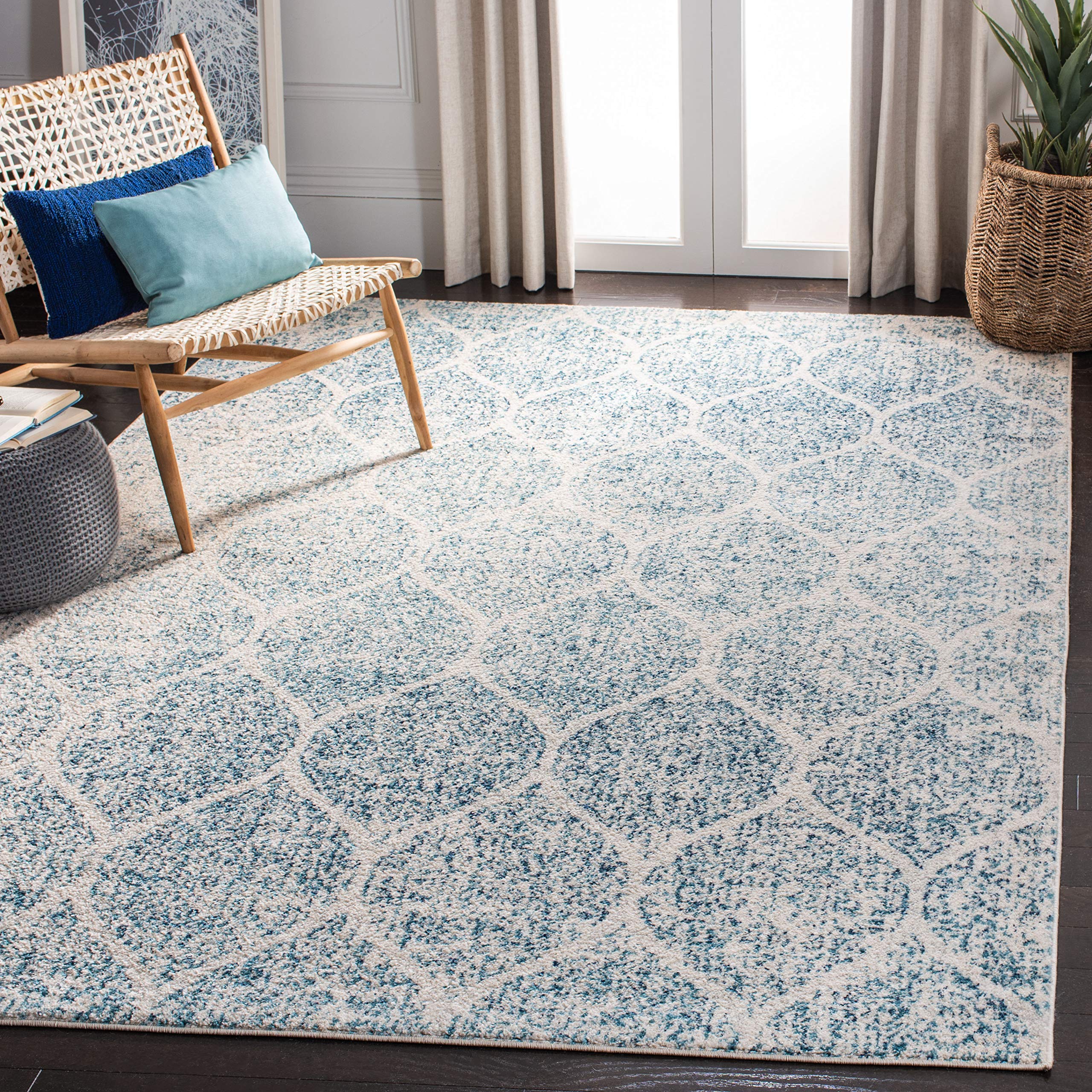 SAFAVIEH Madison Collection 67 Square Cream / Turquoise MAD604E Glam Ogee Trellis Distressed Non-Shedding Living Room Bedroom D