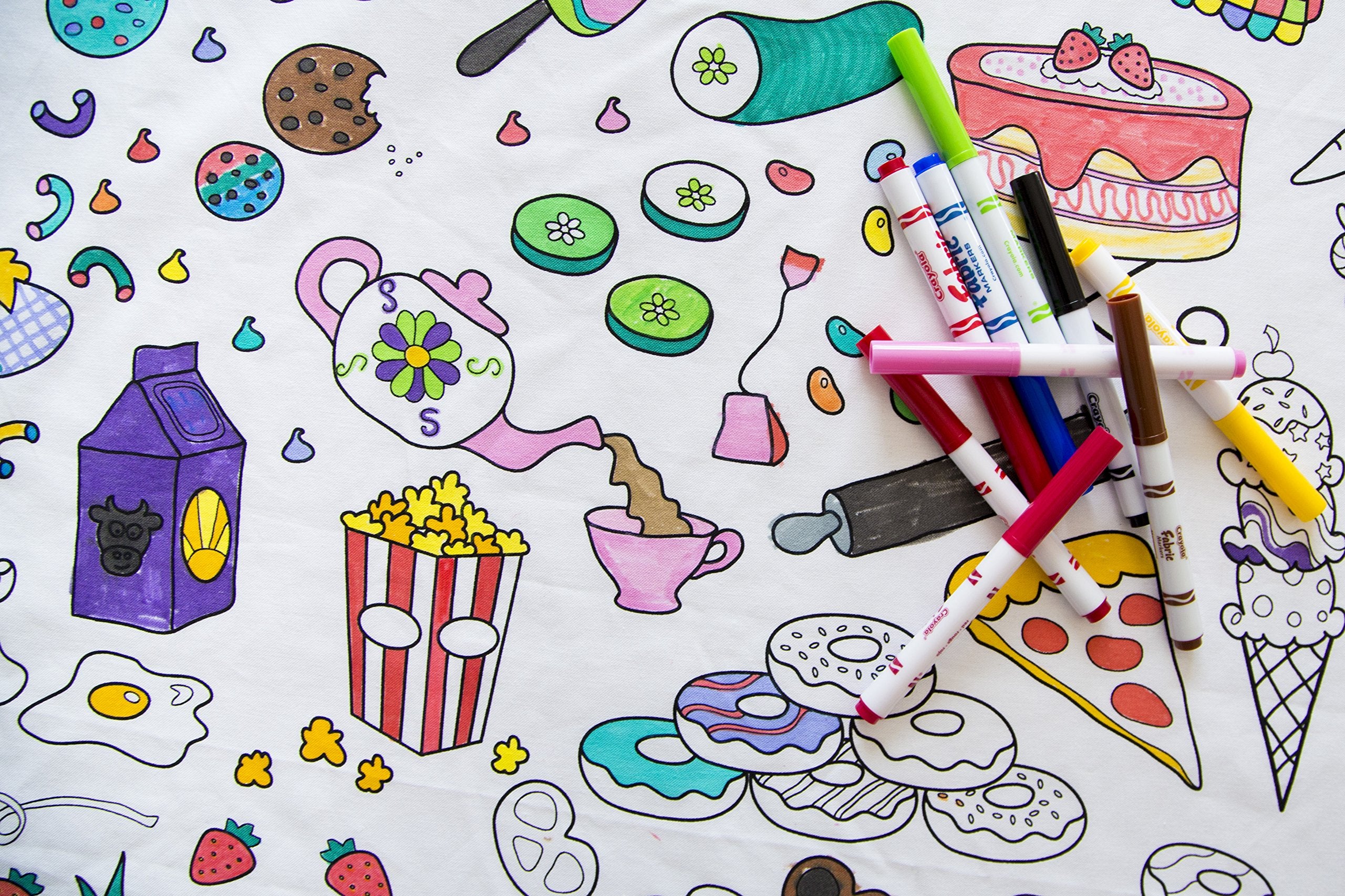The Coloring Table - Food Fun Design - Rectangle Tablecloth - Fabric Coloring Tablecloth - Colorable Designs - Washable And Reus