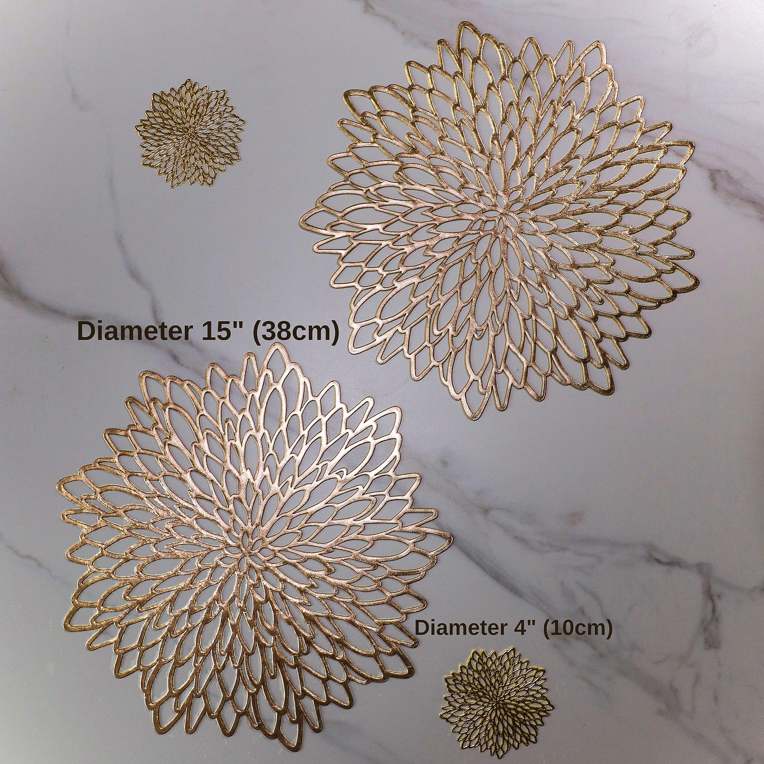 Snowkingdom 4 Pairs Gold Placemats & Coasters 8 Pcs Matching, Golden Metallic Pressed Vinyl For Dinning Table Place Mats Round F