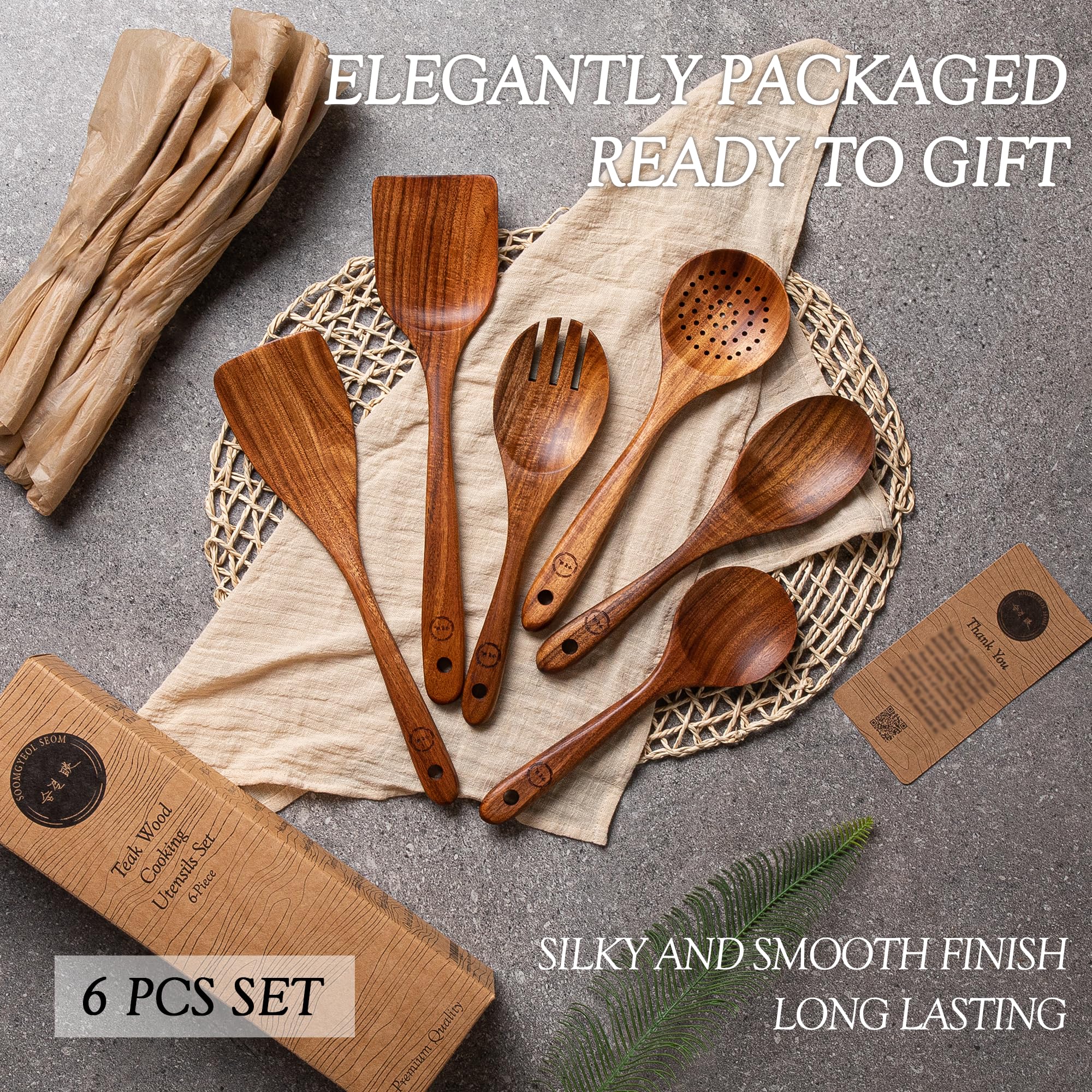 Wooden Spoons For Cooking - 6 Pcs Teak Wood Cookware Utensil Set With Smooth Finish - Non-Stick, Comfortable Grip - Durable, Hea