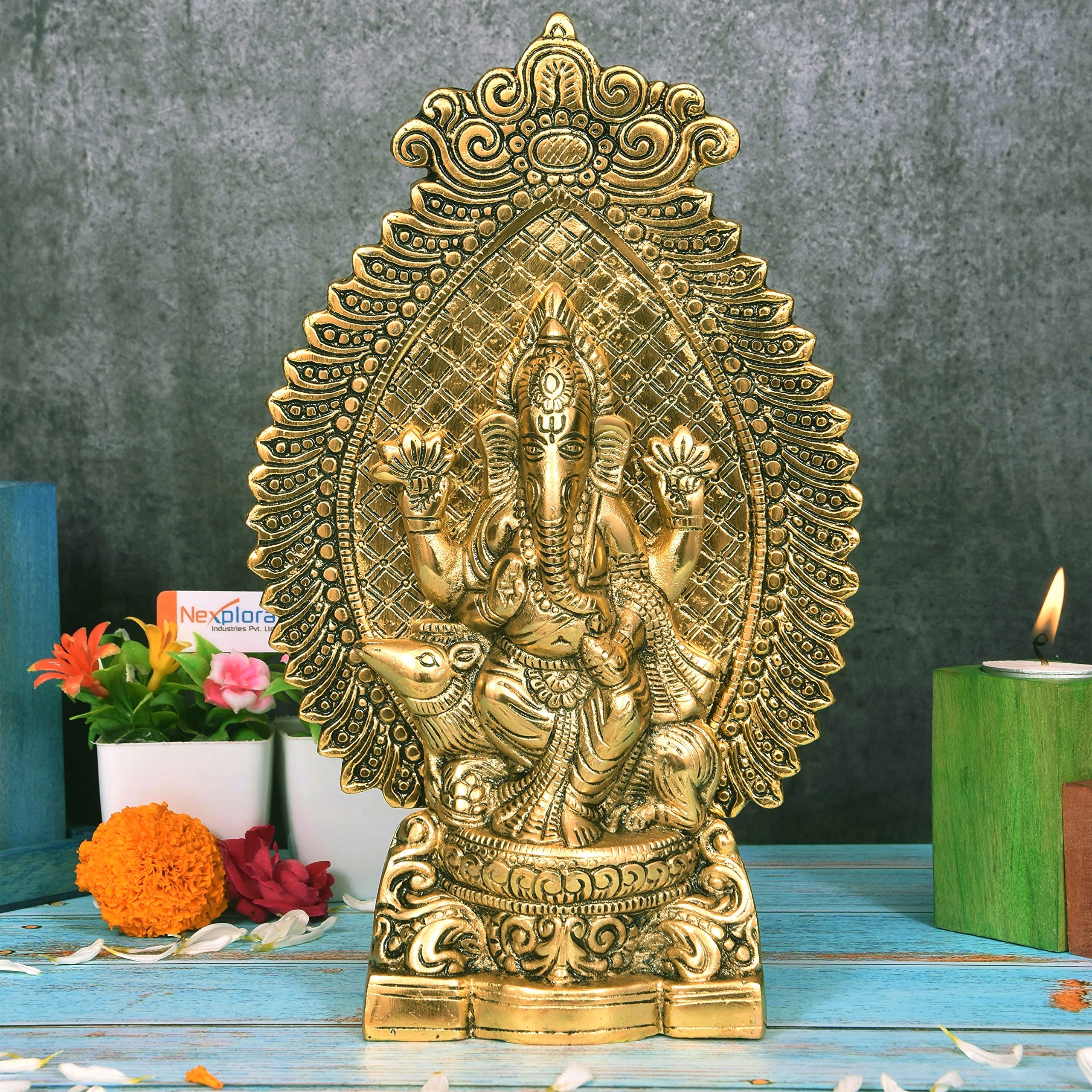 Nexplora Industries Pvt. Ltd. Metal Ganesh Idol Ganpati Sitting On Mouse Statue, Height 27 Cm, Gold Antique
