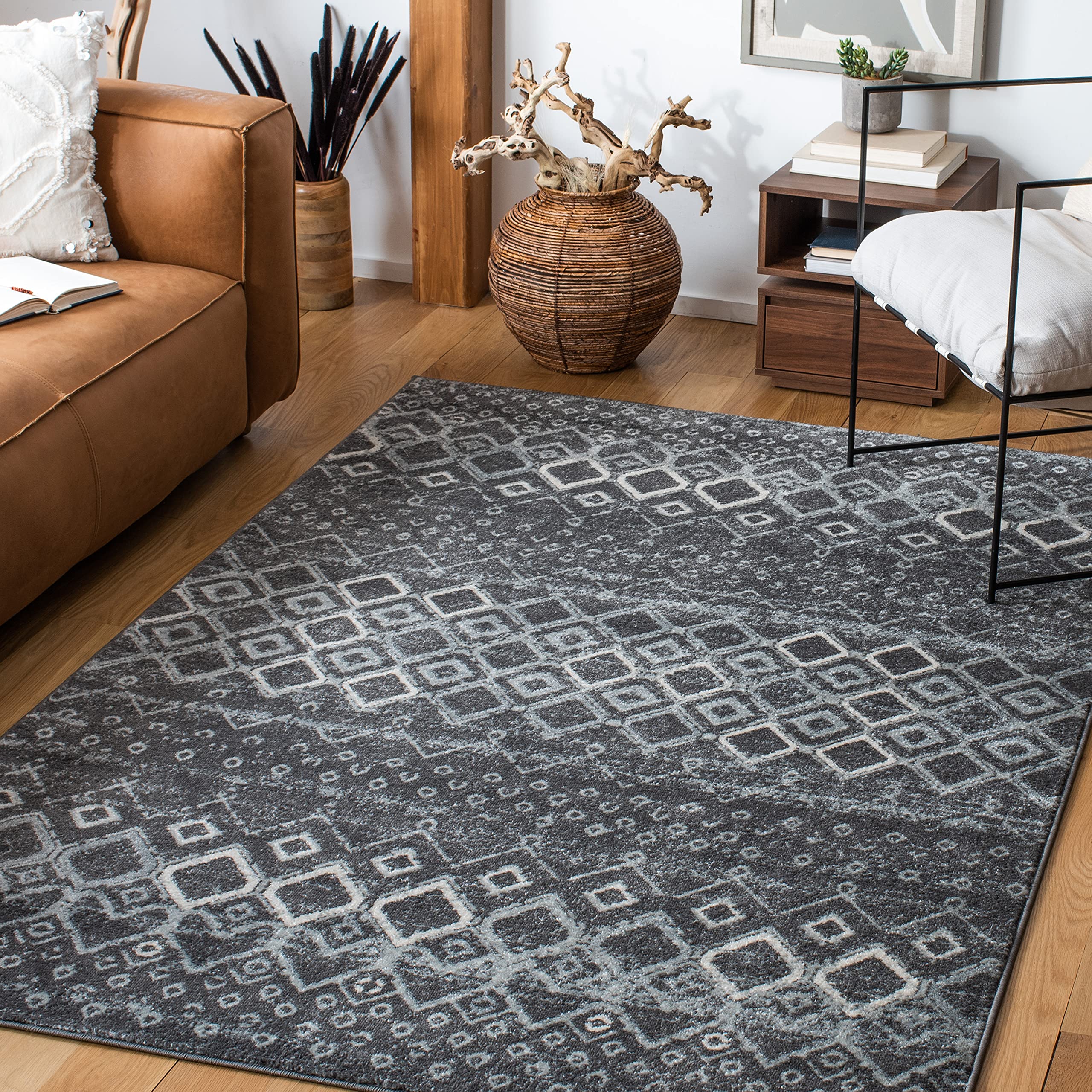 SAFAVIEH Amsterdam Collection Area Rug - 9 x 12, Dark Grey & Light Grey, Moroccan Boho Design, Non-Shedding & Easy Care, Ideal