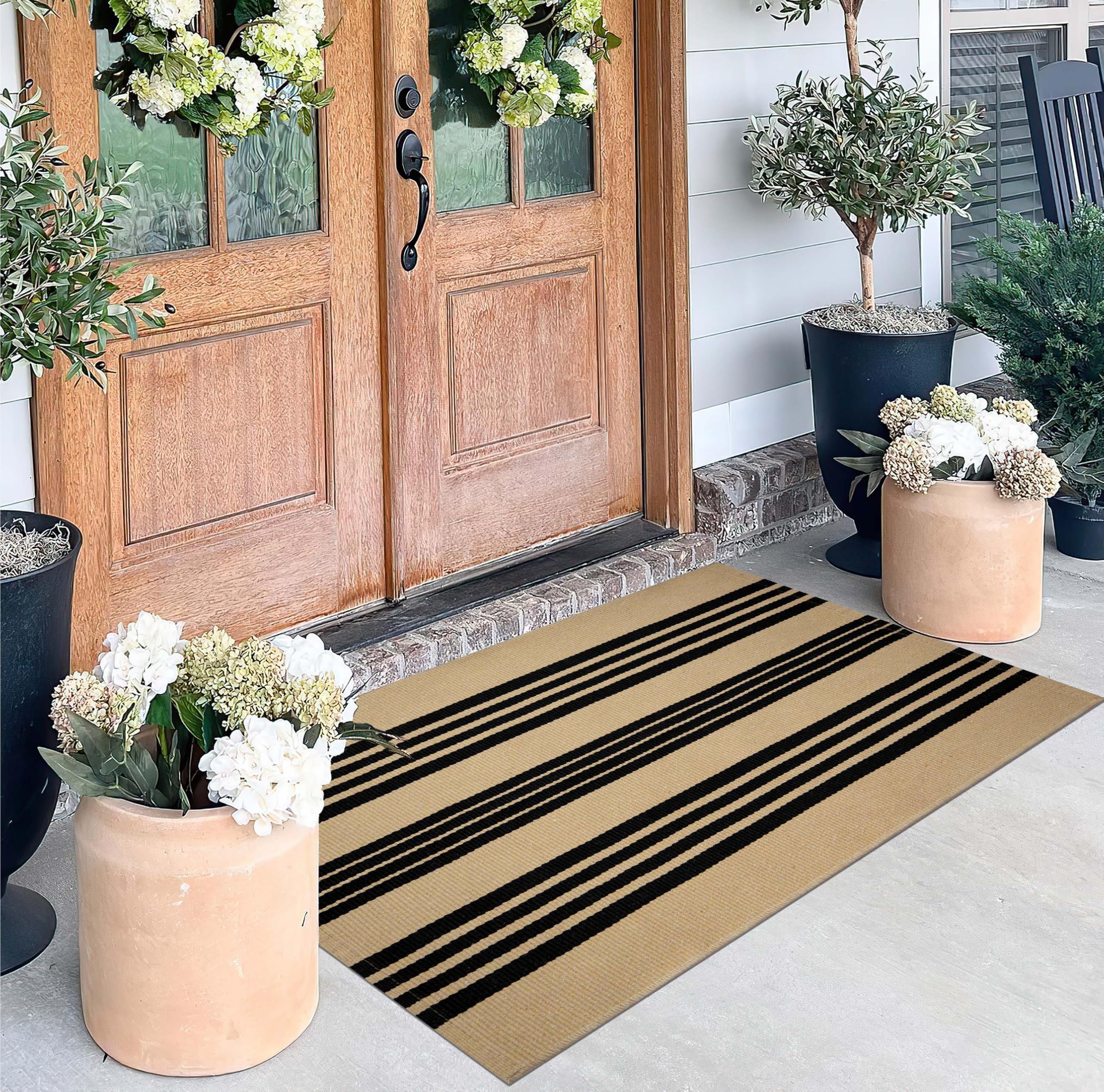 Striped Outdoor Rug -2.3x3.6 Front Door Rugs Outdoor Small Area Rug for Front Porch, Spring Welcome Mats Outdoor Indoor, Doorm
