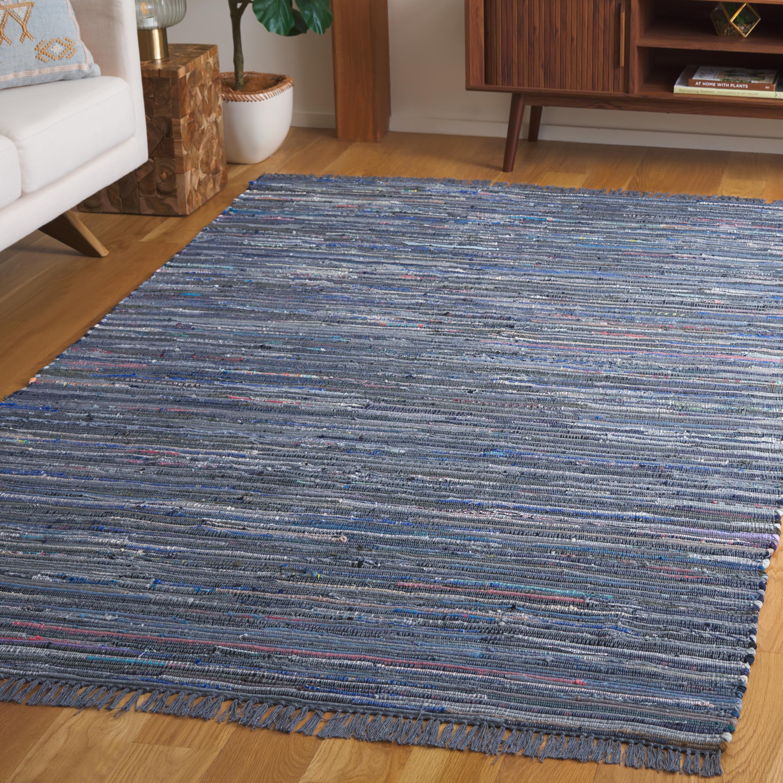 SAFAVIEH Rag Rug Collection Accent Rug - 4 x 6, Ink & Multi, Handmade Boho Stripe Cotton, Ideal for High Traffic Areas in Entr