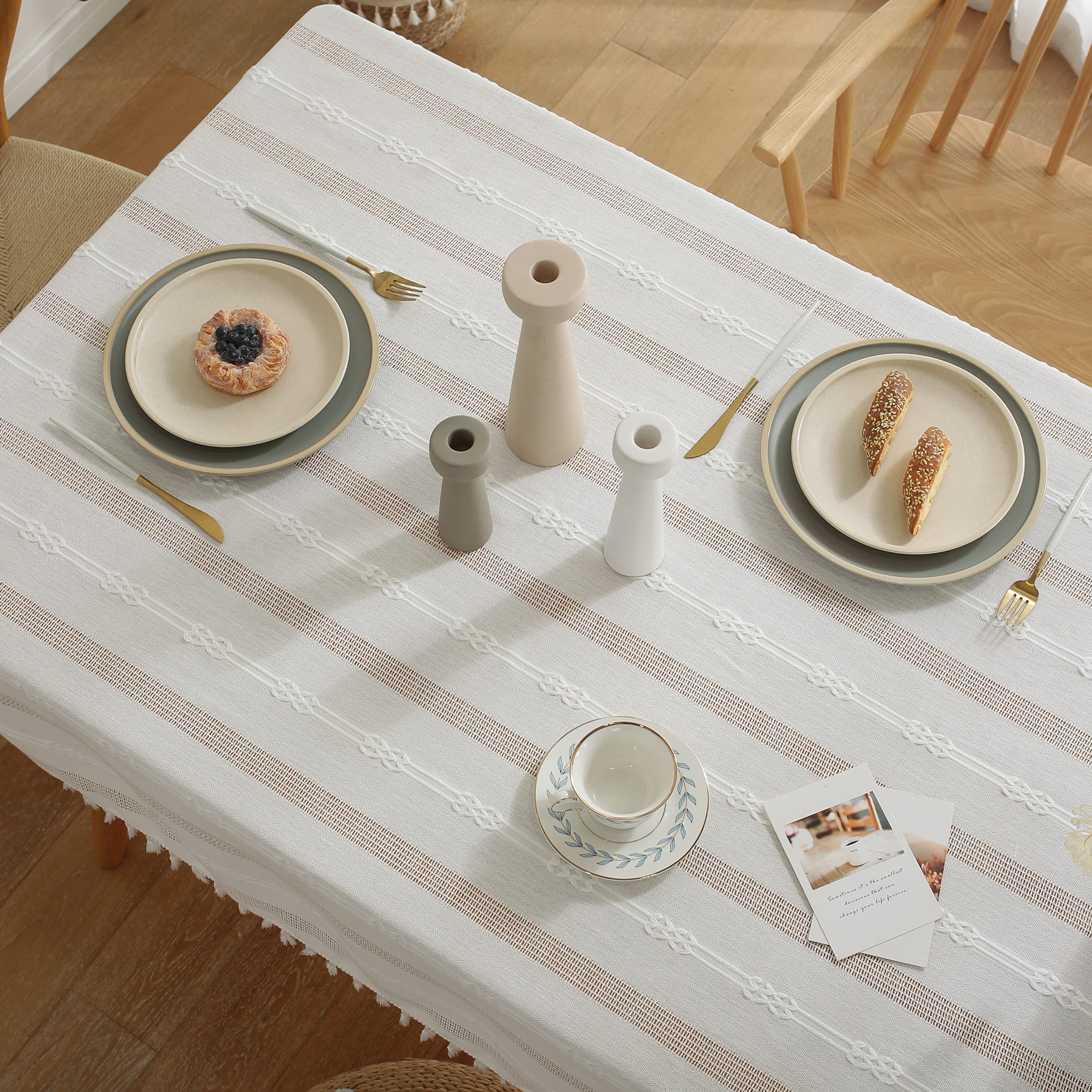 Gernaice Rustic Stripe Embroidered Tablecloth Heavy Square Tassel Cotton Linen Table Cloth Wrinkle Free Washable Table Cover for Kitchen Dinning Party Holiday White 55x55 Inch