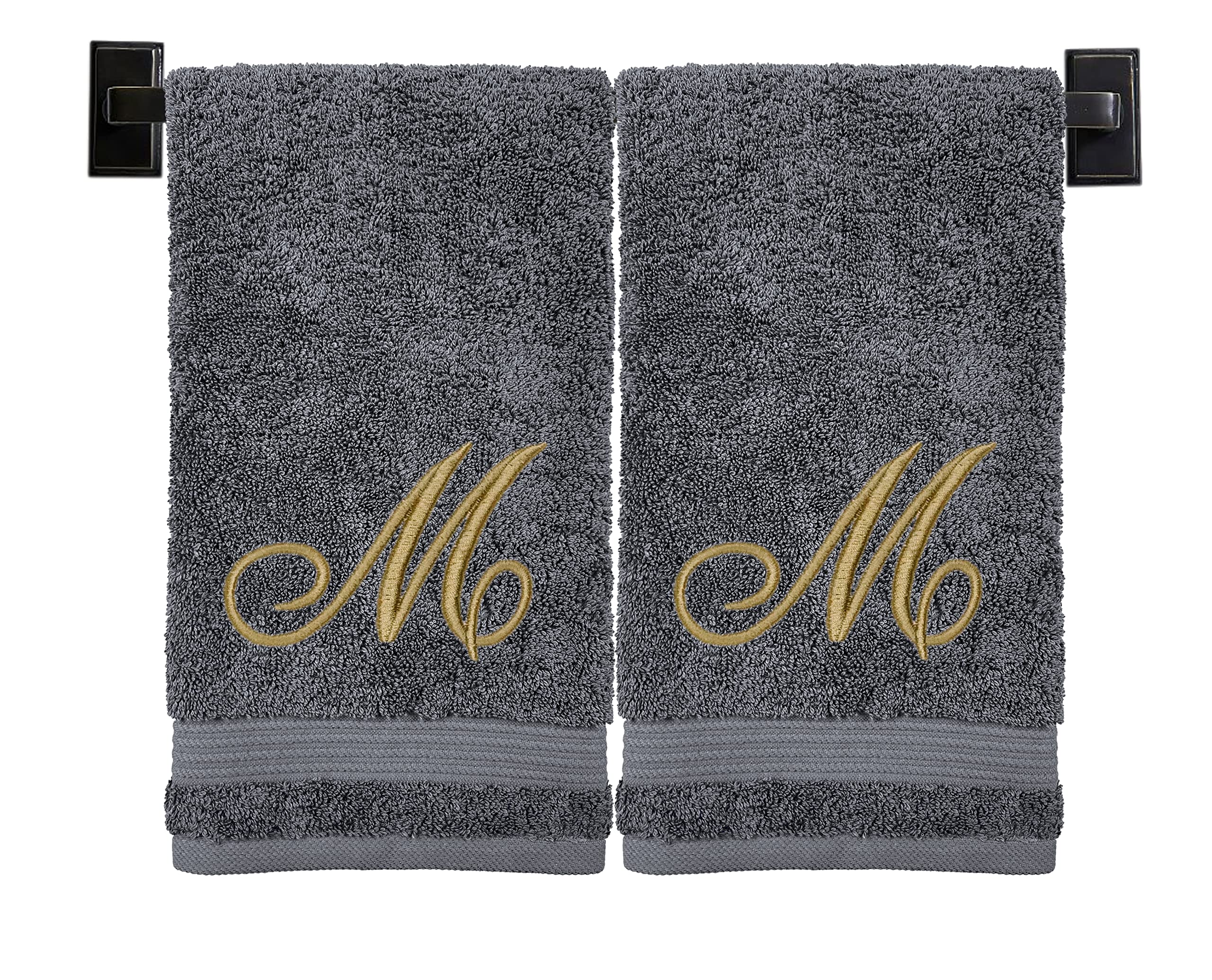Custom Luxury Towels Turkish Hand Towels, Set Of 2, Grey - Gold Thread, 100% Cotton, Embroidered Monogram