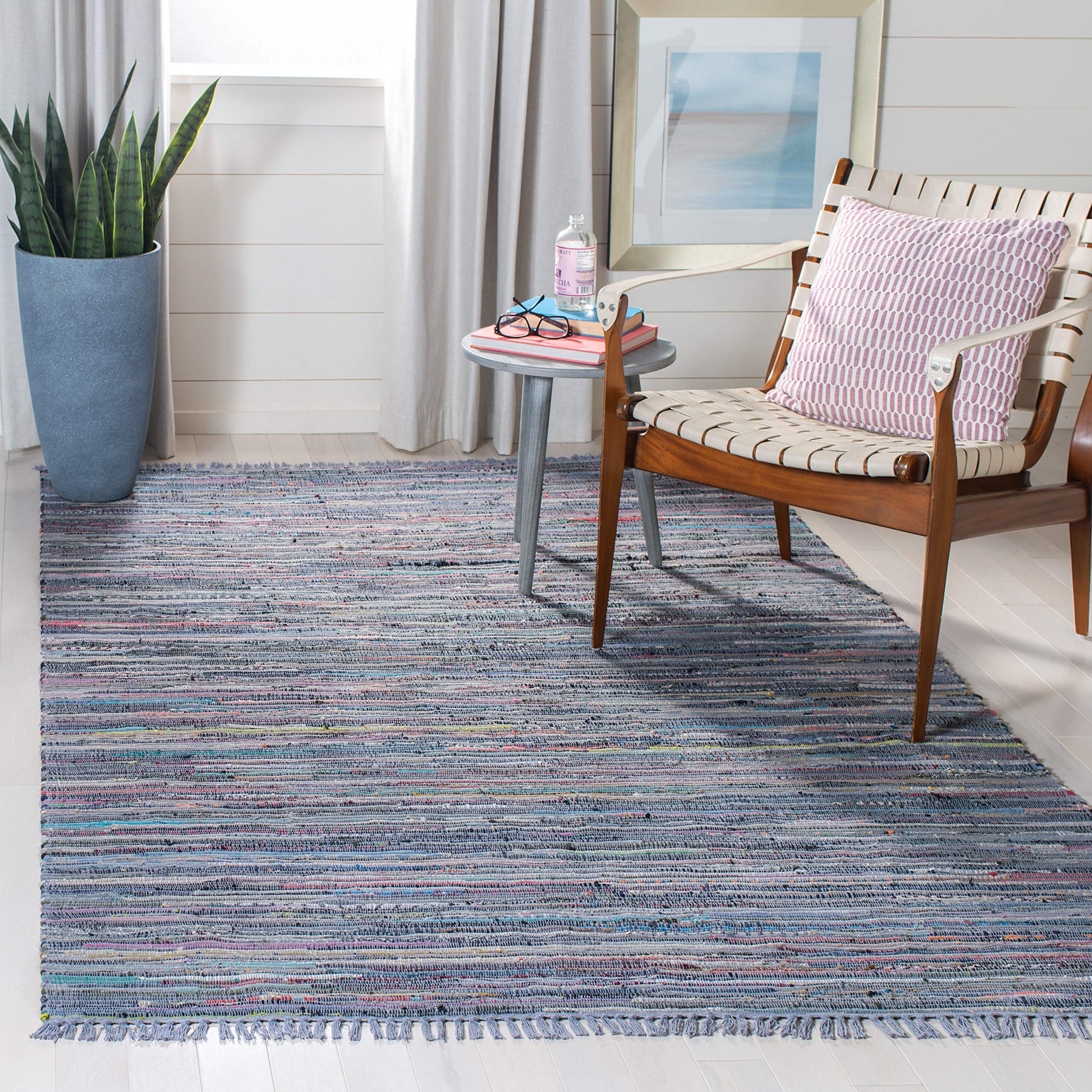 SAFAVIEH Rag Rug Collection Area Rug - 5 x 8, Purple & Multi, Handmade Boho Stripe Cotton, Ideal for High Traffic Areas in Liv