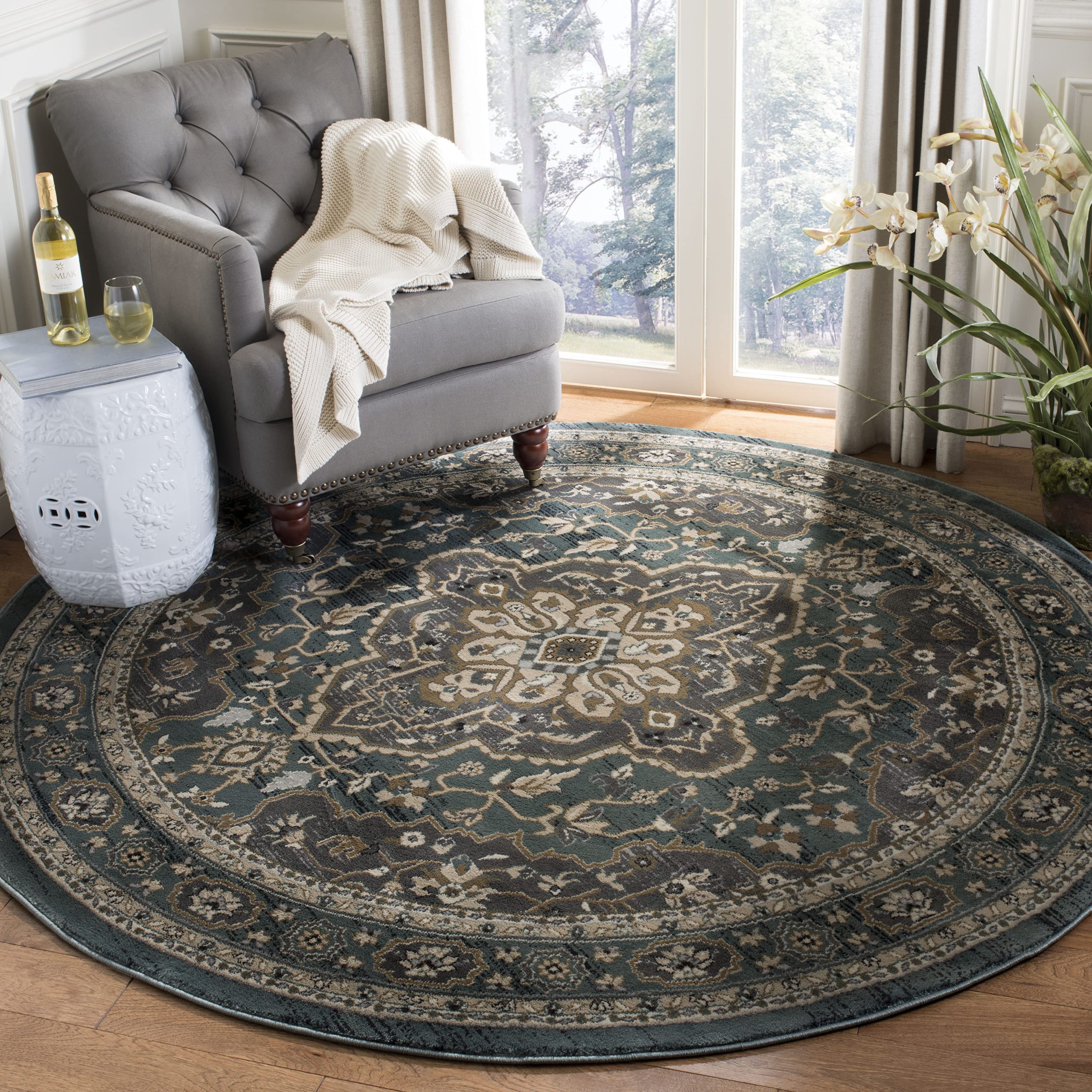 SAFAVIEH Lyndhurst Collection Area Rug - 7 Round, Teal & Grey, Traditional Oriental Design, Non-Shedding & Easy Care, Ideal for