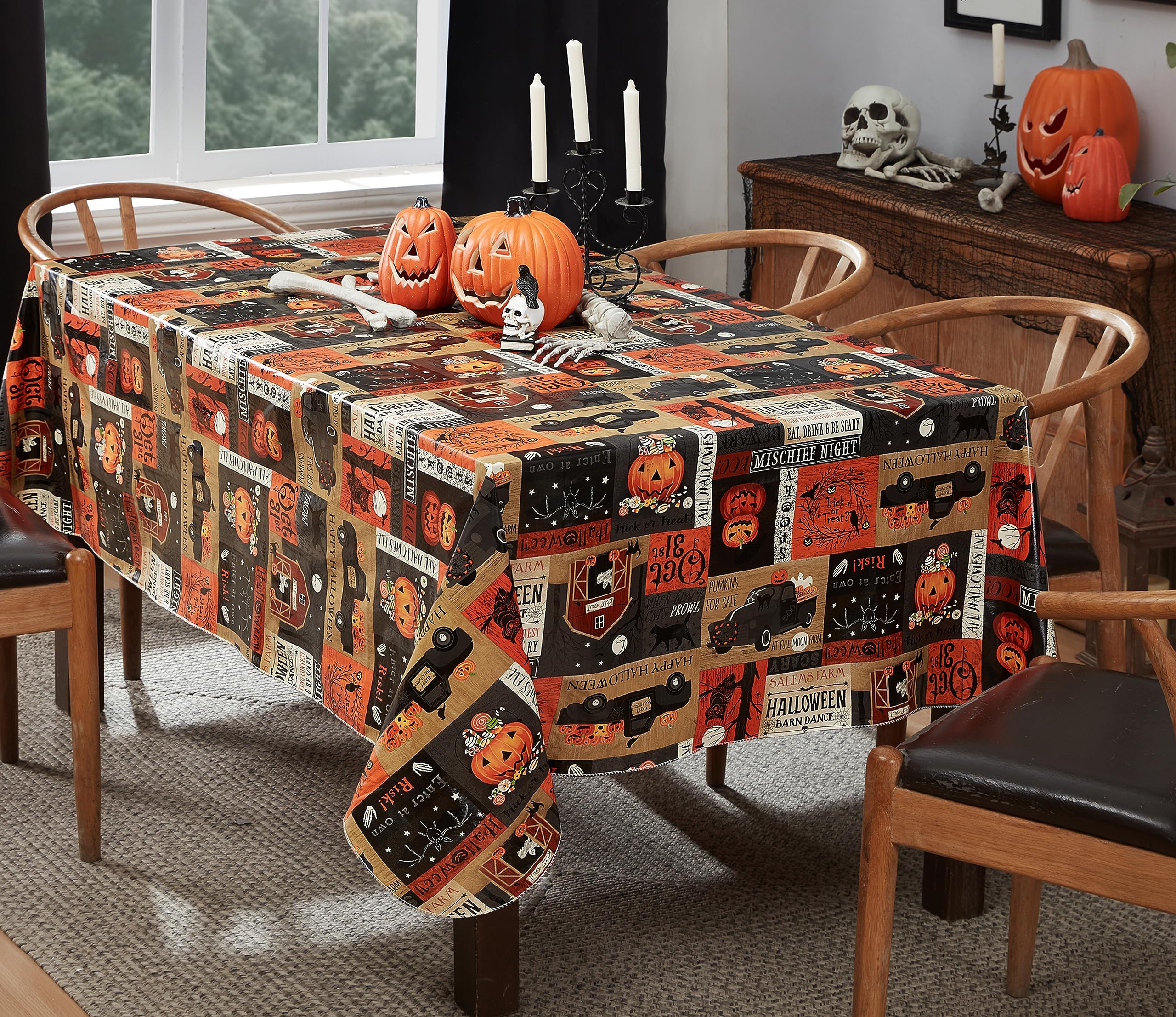 Newbridge Halloween Rustic Spooky Farm 60 X 120 Inch Rectangle Vinyl Tablecloth With Flannel Backing, Scary Country Farmyard Gho