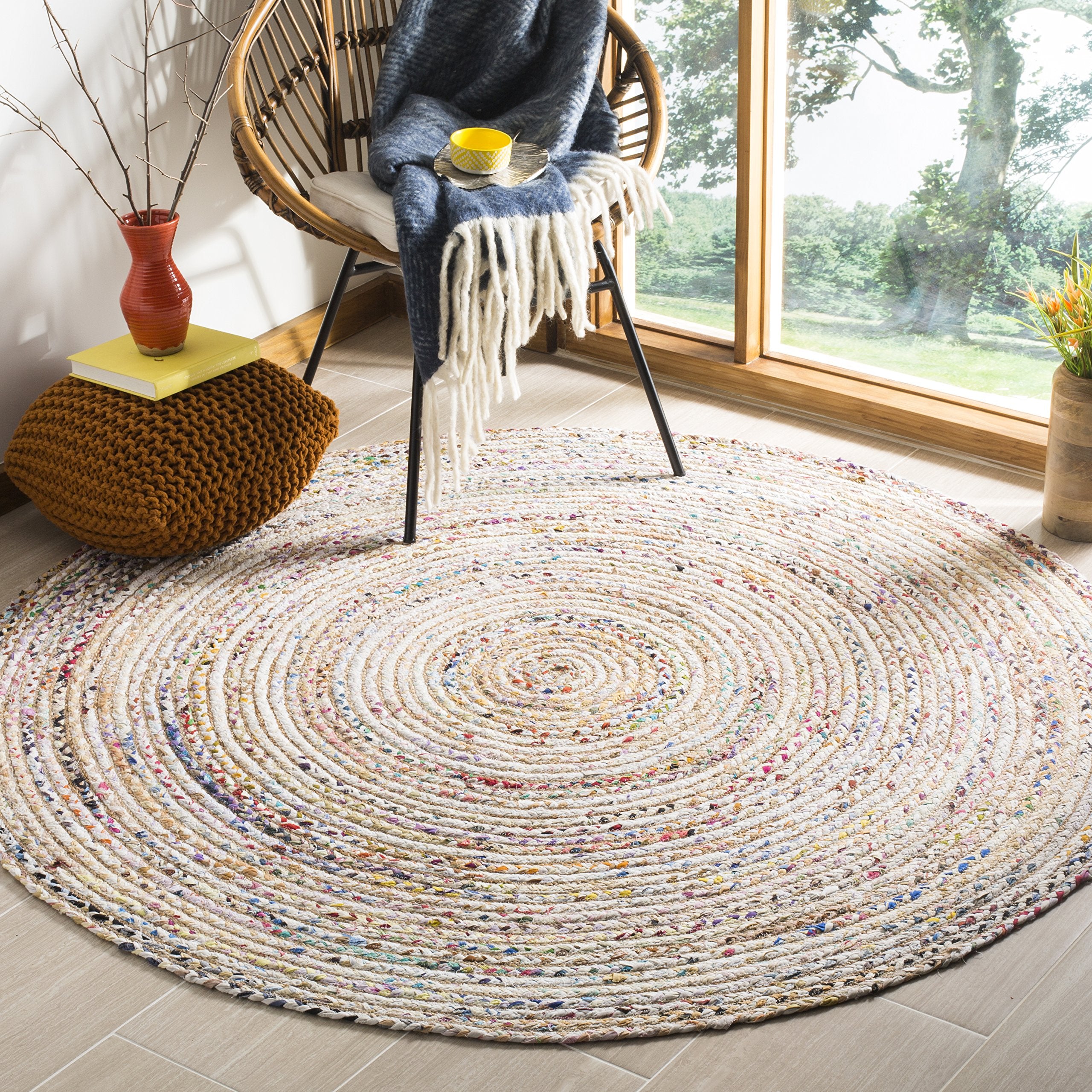SAFAVIEH Cape Cod Collection Area Rug - 10 Round, Beige & Multi, Handmade Boho Braided Jute & Cotton, Ideal for High Traffic Ar