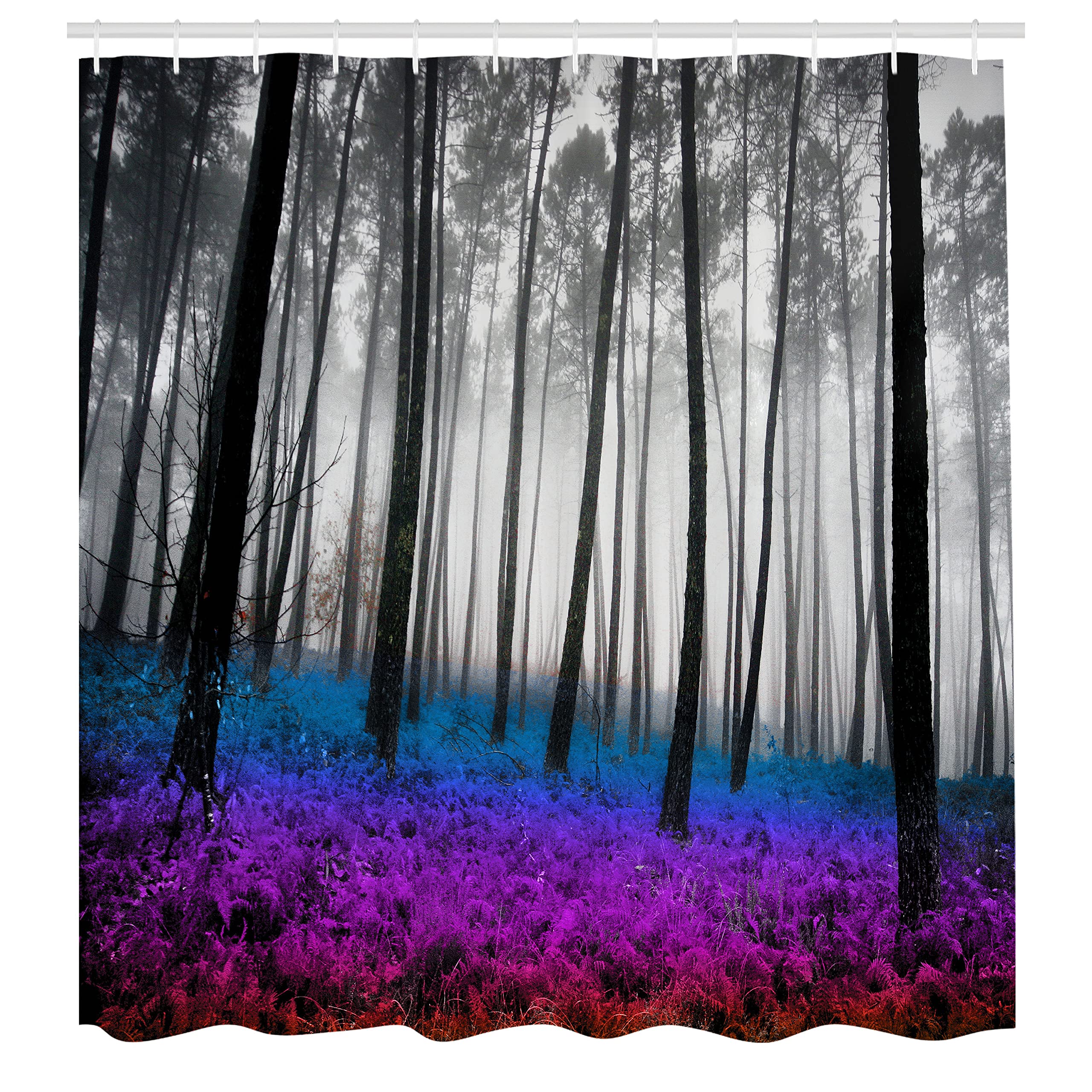 Ambesonne Forest Shower Curtain, Mystical Fantasy Woodland Under Heavy Fog Tall Trees Bushes Contrast Colors, Cloth Fabric Bathr