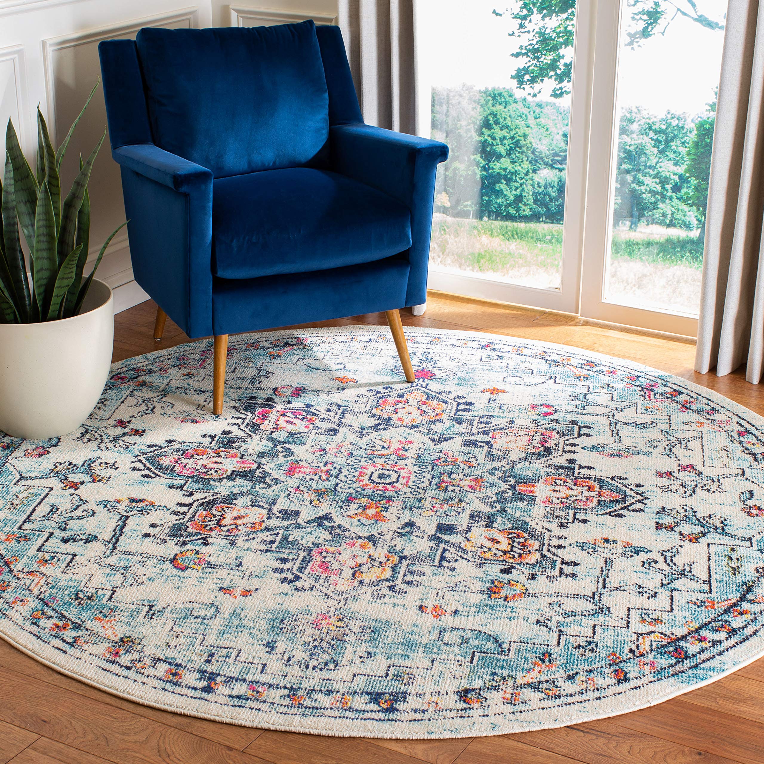 SAFAVIEH Madison Collection Area Rug - 10 Round, Cream & Blue, Boho Chic Medallion Distressed Design, Non-Shedding & Easy Care,