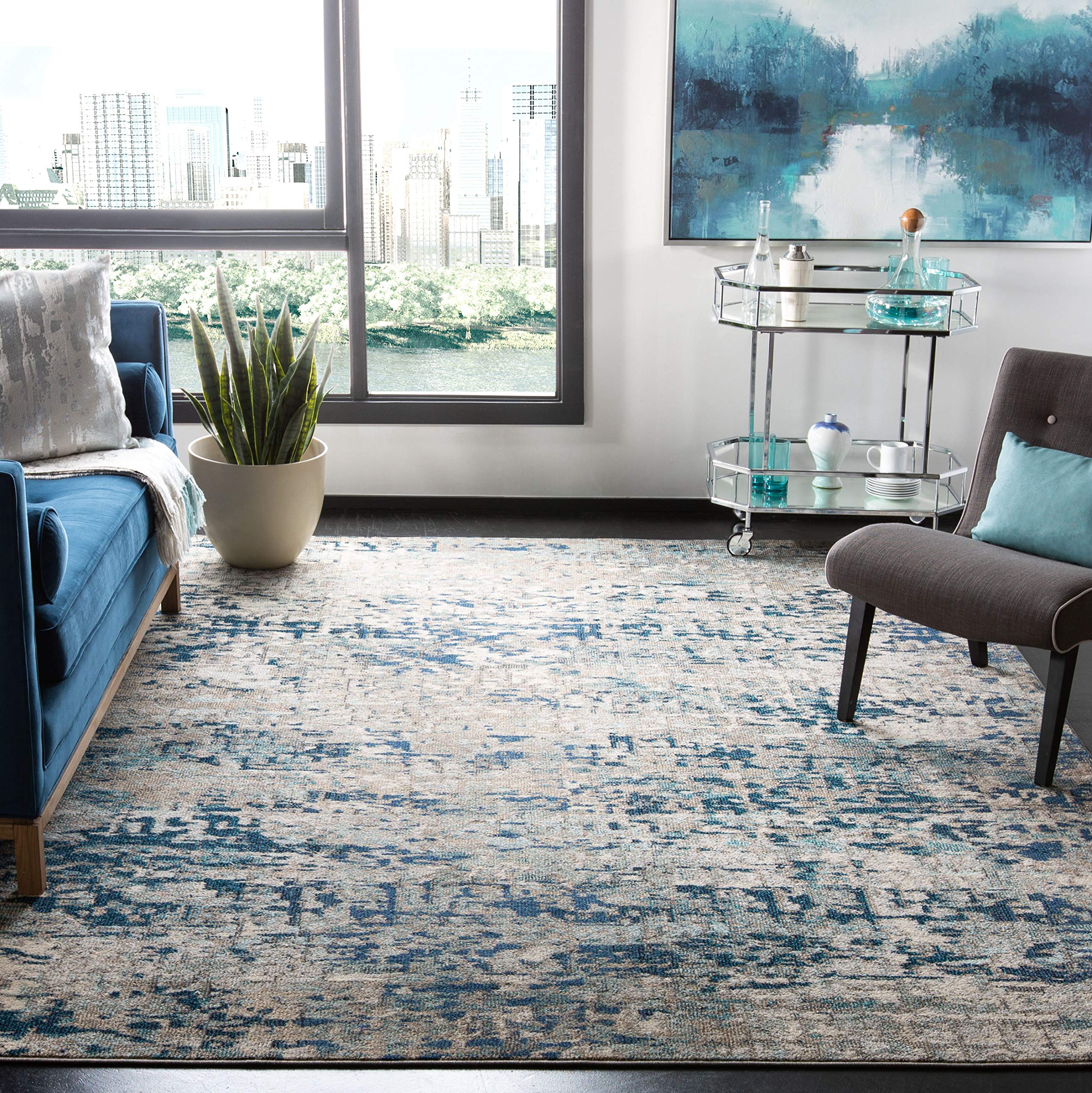 SAFAVIEH Madison Collection 4 Square Grey/Blue MAD460K Modern Abstract Non-Shedding Stain Living Room Bedroom Area Rug