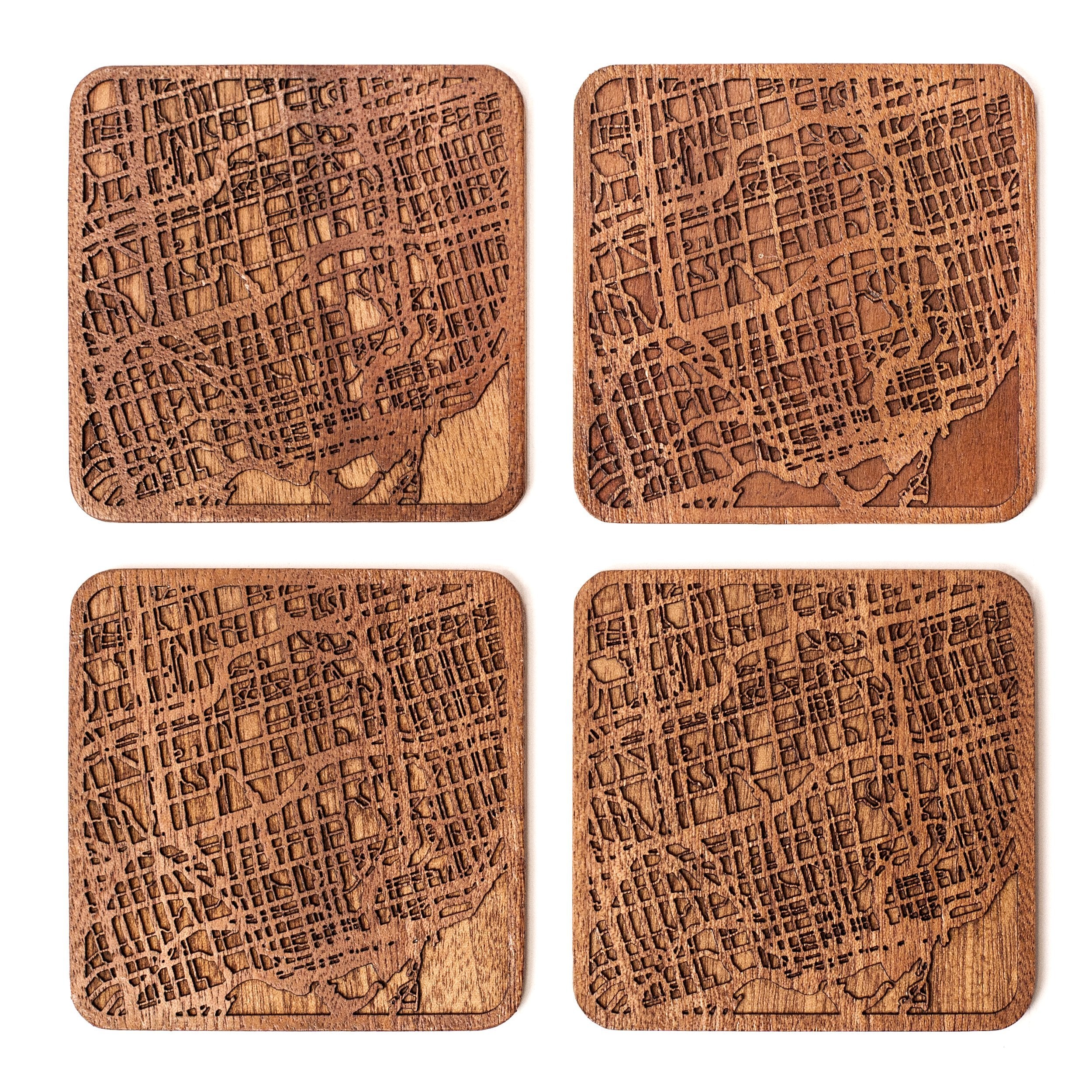 Toronto Map Coaster By O3 Design Studio, Set Of 4, Sapele Wooden Coaster With City Map, Handmade