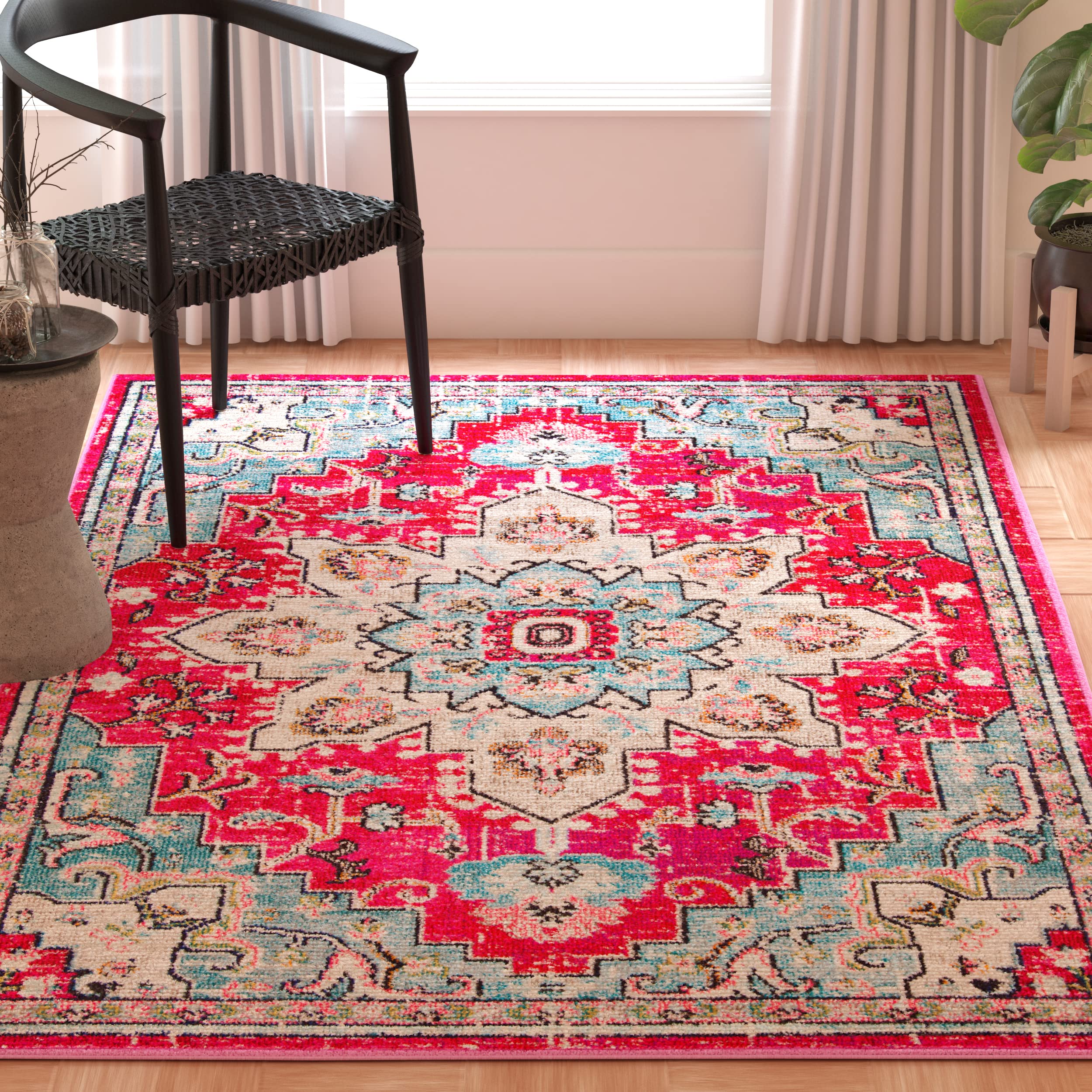 SAFAVIEH Madison Collection Area Rug - 3 Square, Fuchsia & Blue, Boho Chic Medallion Distressed Design, Non-Shedding & Easy Car