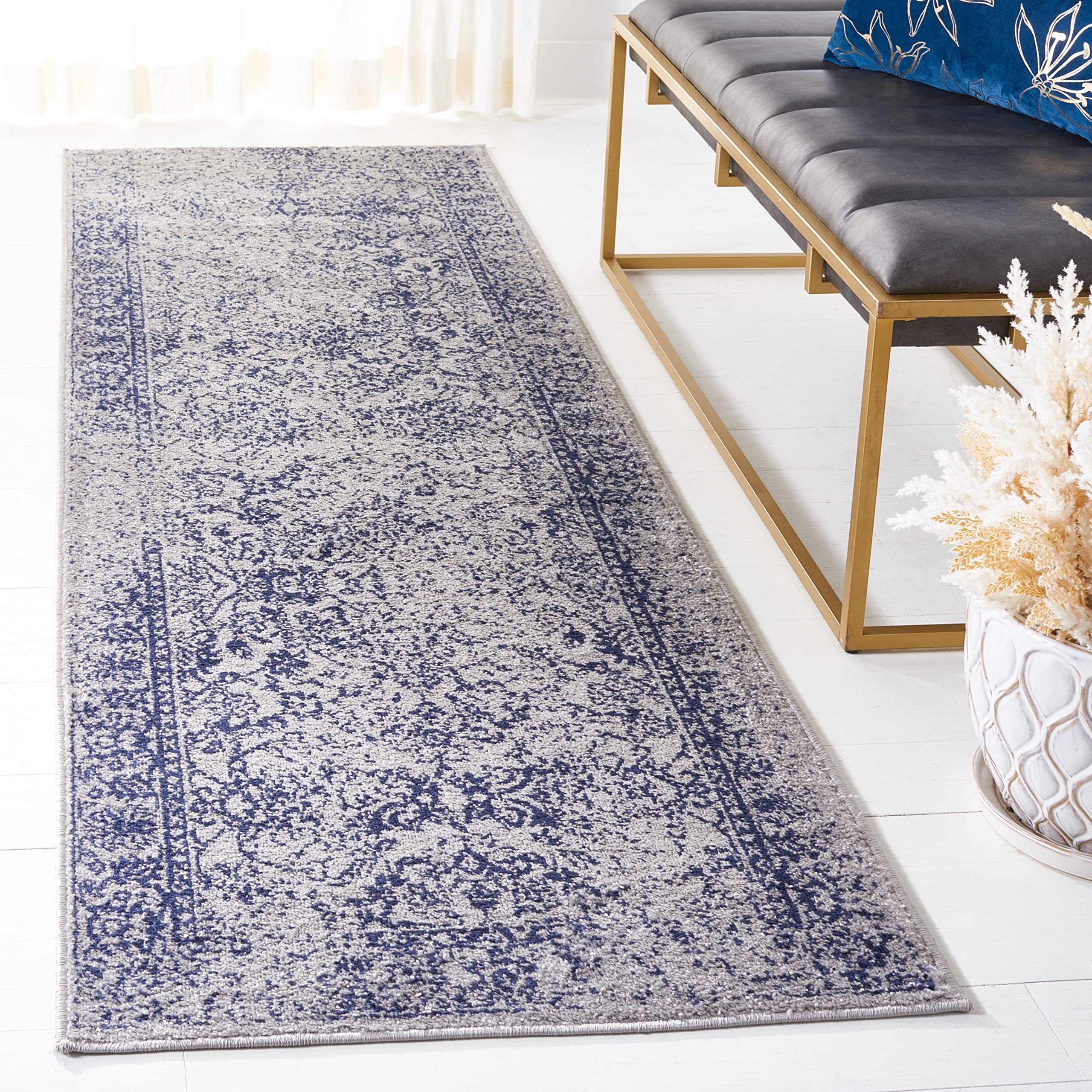 SAFAVIEH Adirondack Collection Runner Rug - 26 x 10, Grey & Navy, Oriental Distressed Design, Non-Shedding & Easy Care, Ideal 