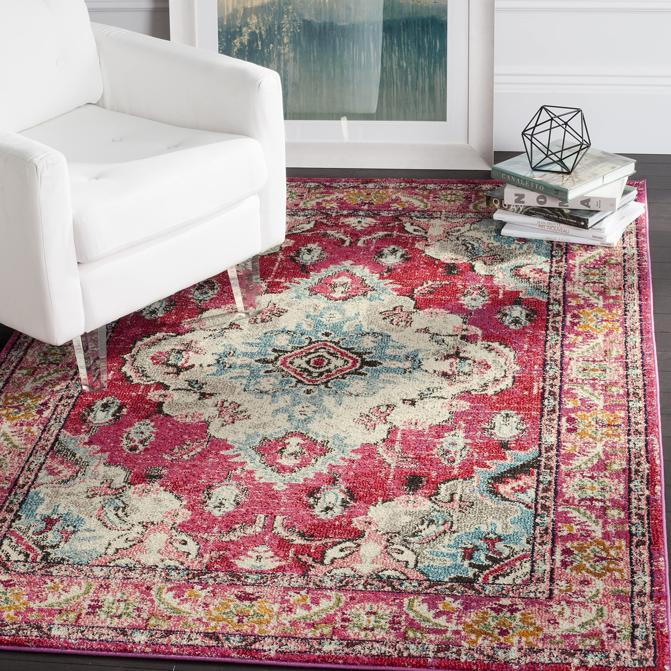 SAFAVIEH Monaco Collection Accent Rug - 4 x 57, Pink & Multi, Boho Medallion Distressed Design, Non-Shedding & Easy Care, Idea