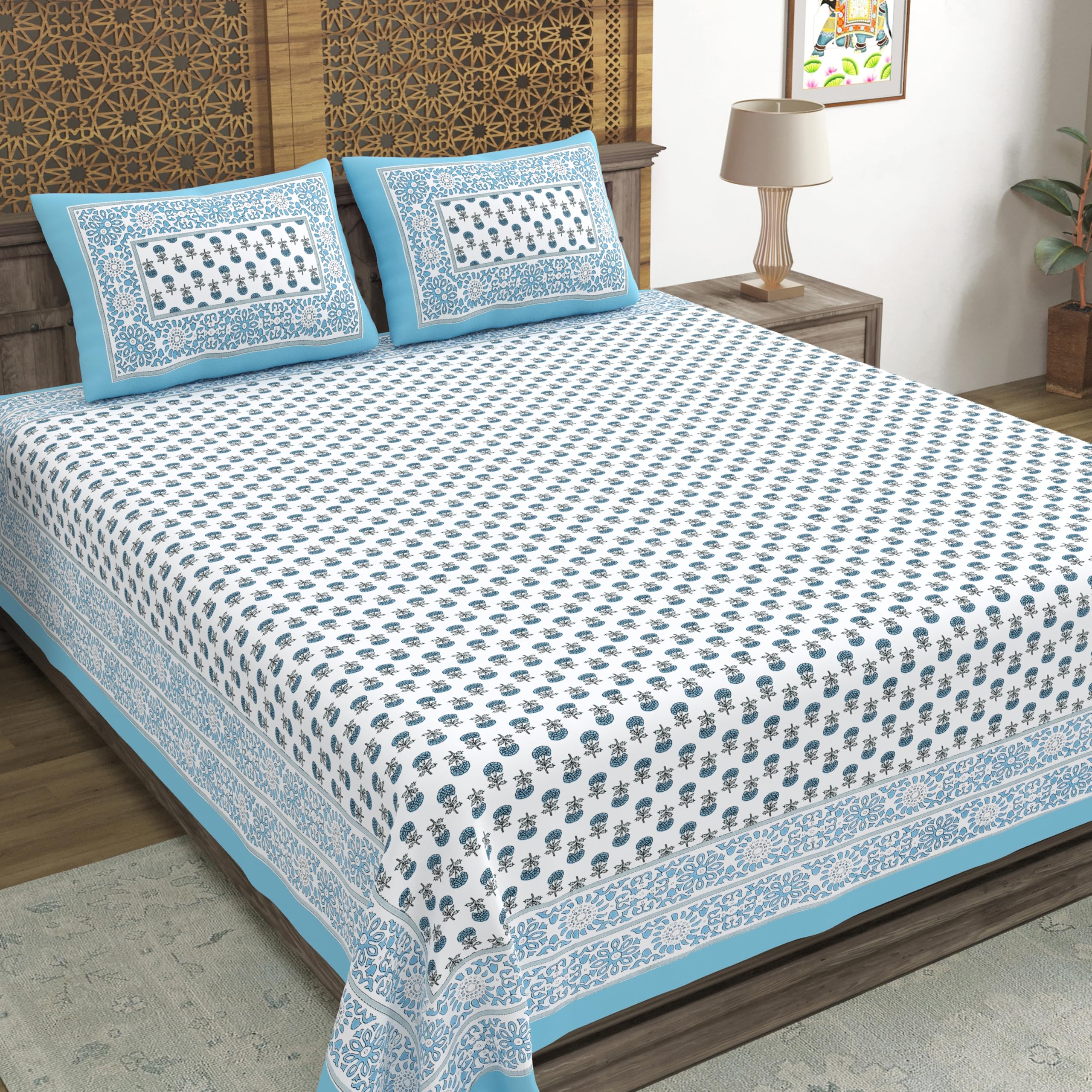 Blocks Of India Hand Block Printed 200 Tc Cotton King Size Bedsheet (Blue Grey Buti)