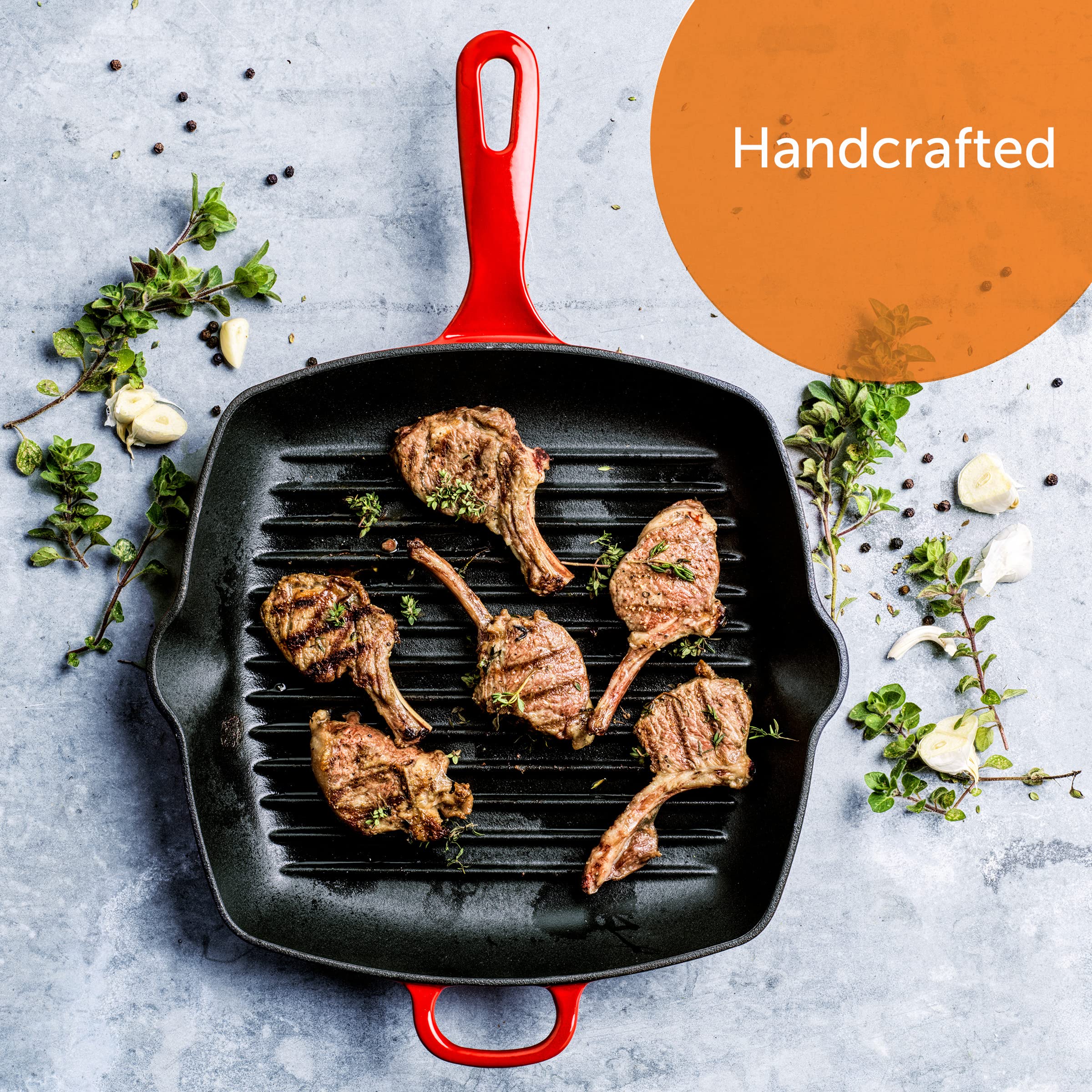 Bk Bourgogne Enameled Cast Iron Induction Nonstick Grill Pan, Pfas Free, Dishwasher Safe, Chili Red
