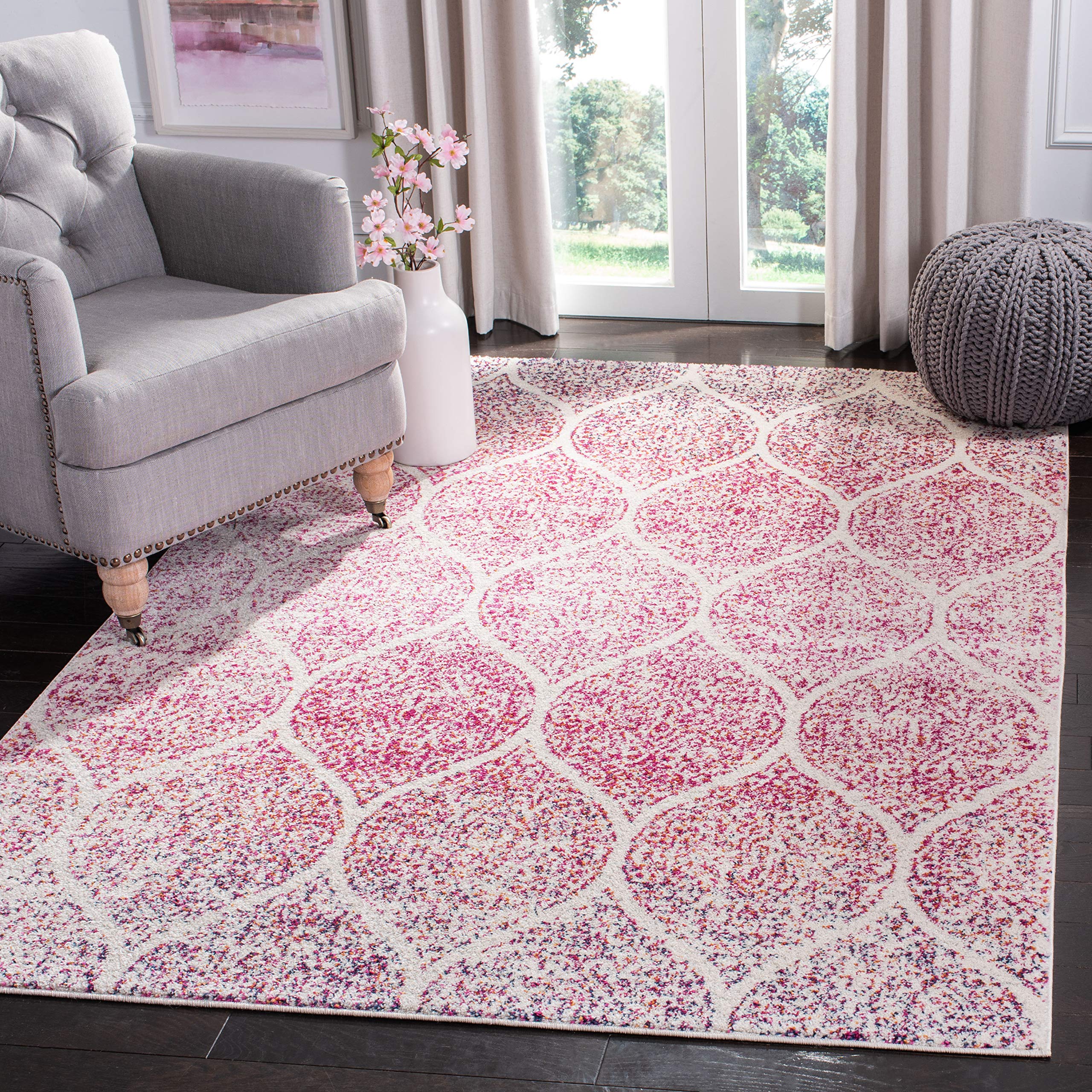 SAFAVIEH Madison Collection Accent Rug - 3 x 5, Cream & Fuchsia, Glam Trellis Distressed Design, Non-Shedding & Easy Care, Ide