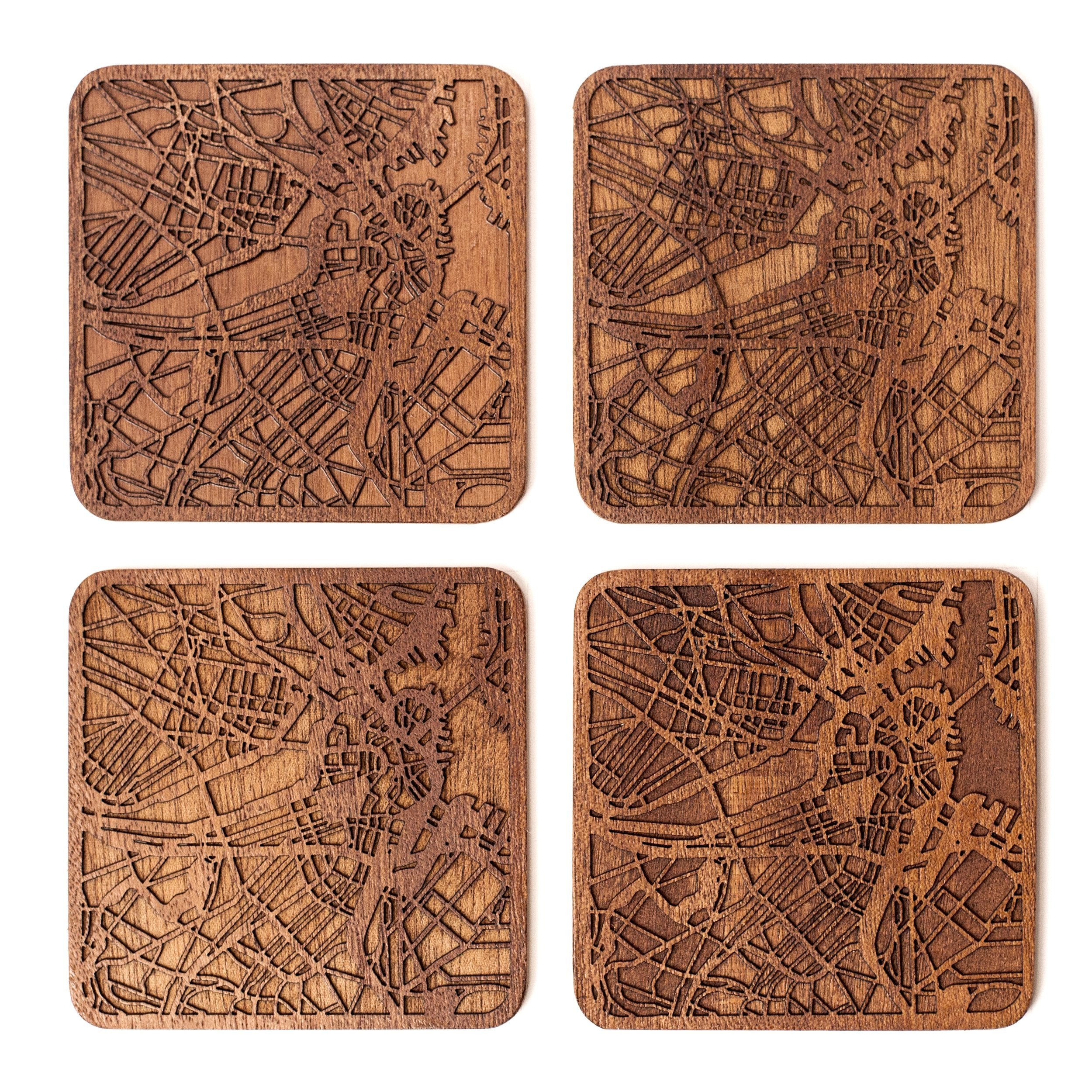 Boston Map Coaster By O3 Design Studio, Set Of 4, Sapele Wooden Coaster With City Map, Handmade