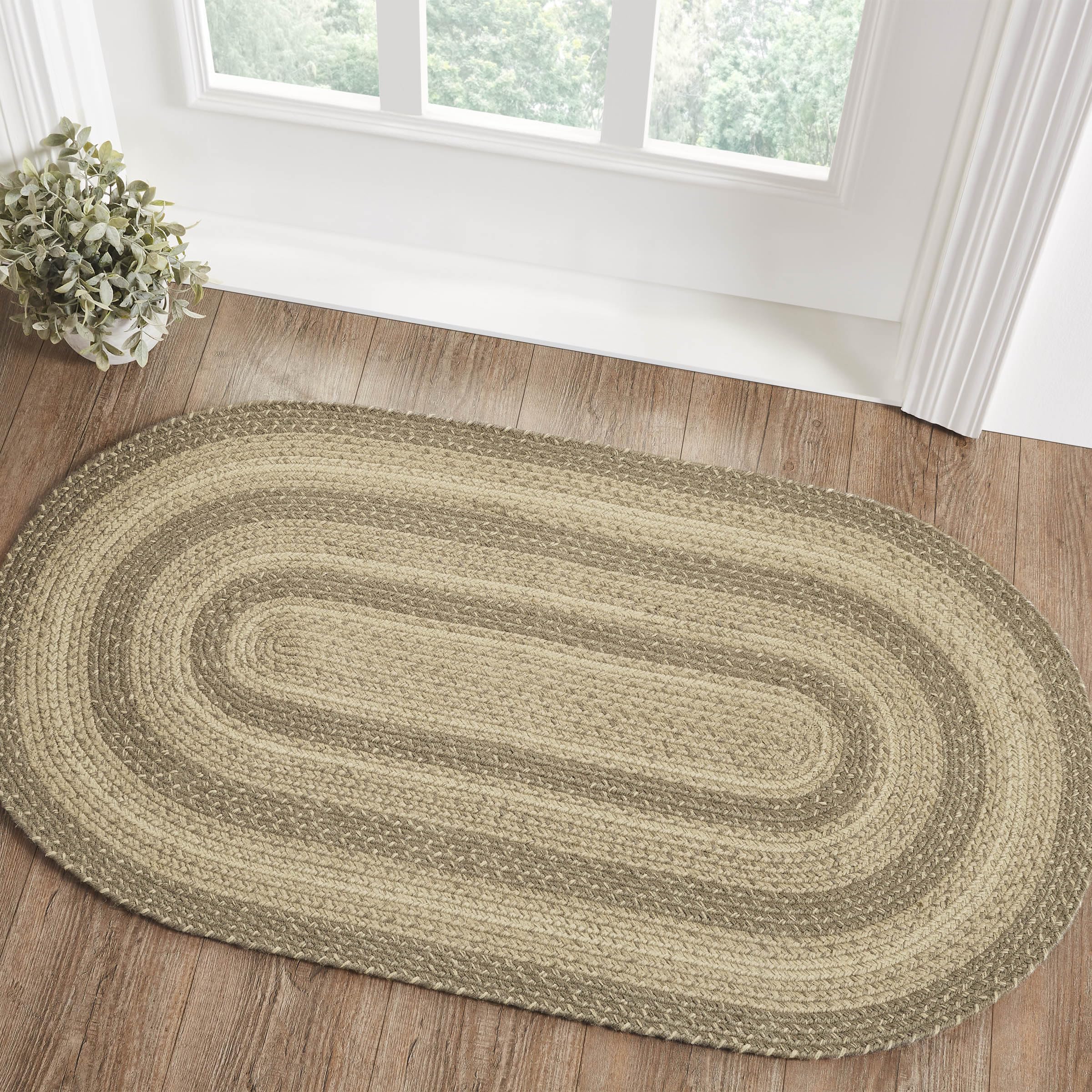 VHC Brands Cobblestone Rug with PVC Pad, Jute Blend, Oval, Tan Grey White, 27x48 inches