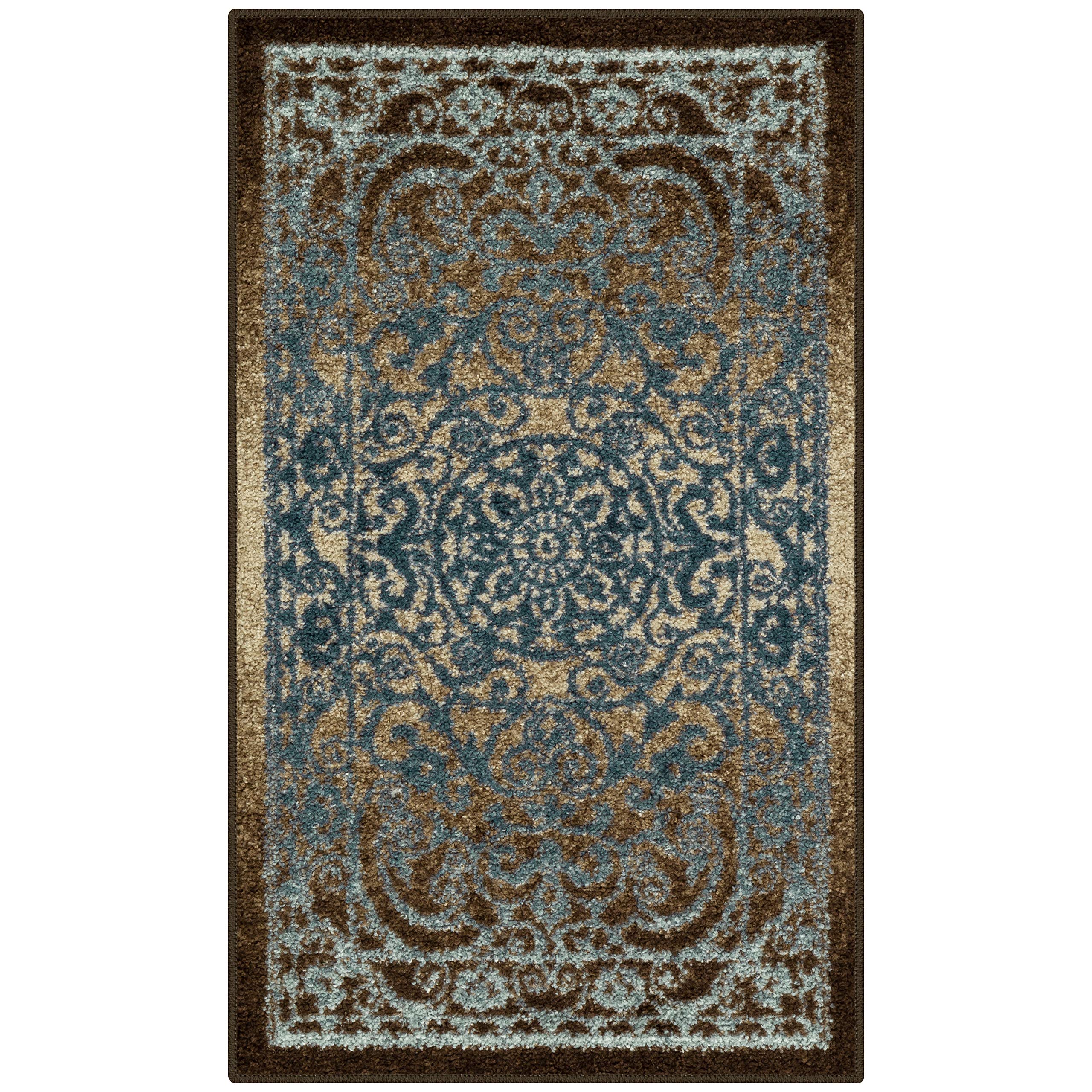 Maples Rugs Pelham Vintage Kitchen Rugs Non Skid Washable Accent Area Carpet [Made in USA], 18 x 210, Blue/Walnut