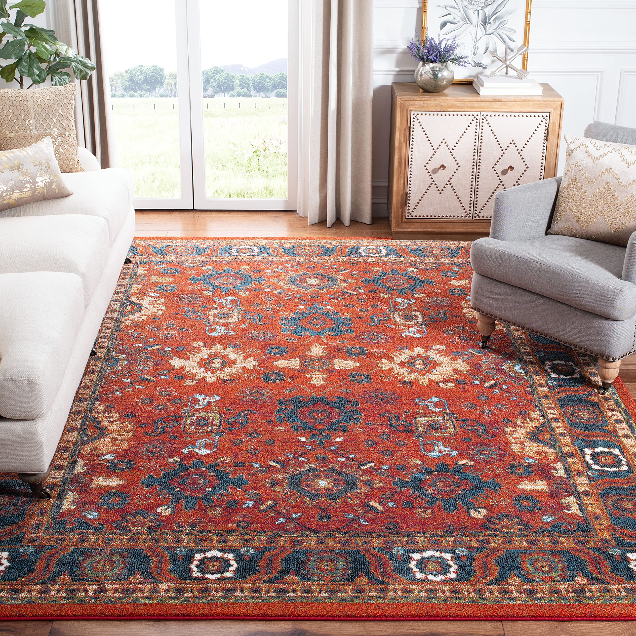 SAFAVIEH Vintage Hamadan Collection Area Rug - 67 x 9, Orange & Blue, Oriental Traditional Persian Design, Non-Shedding & Easy