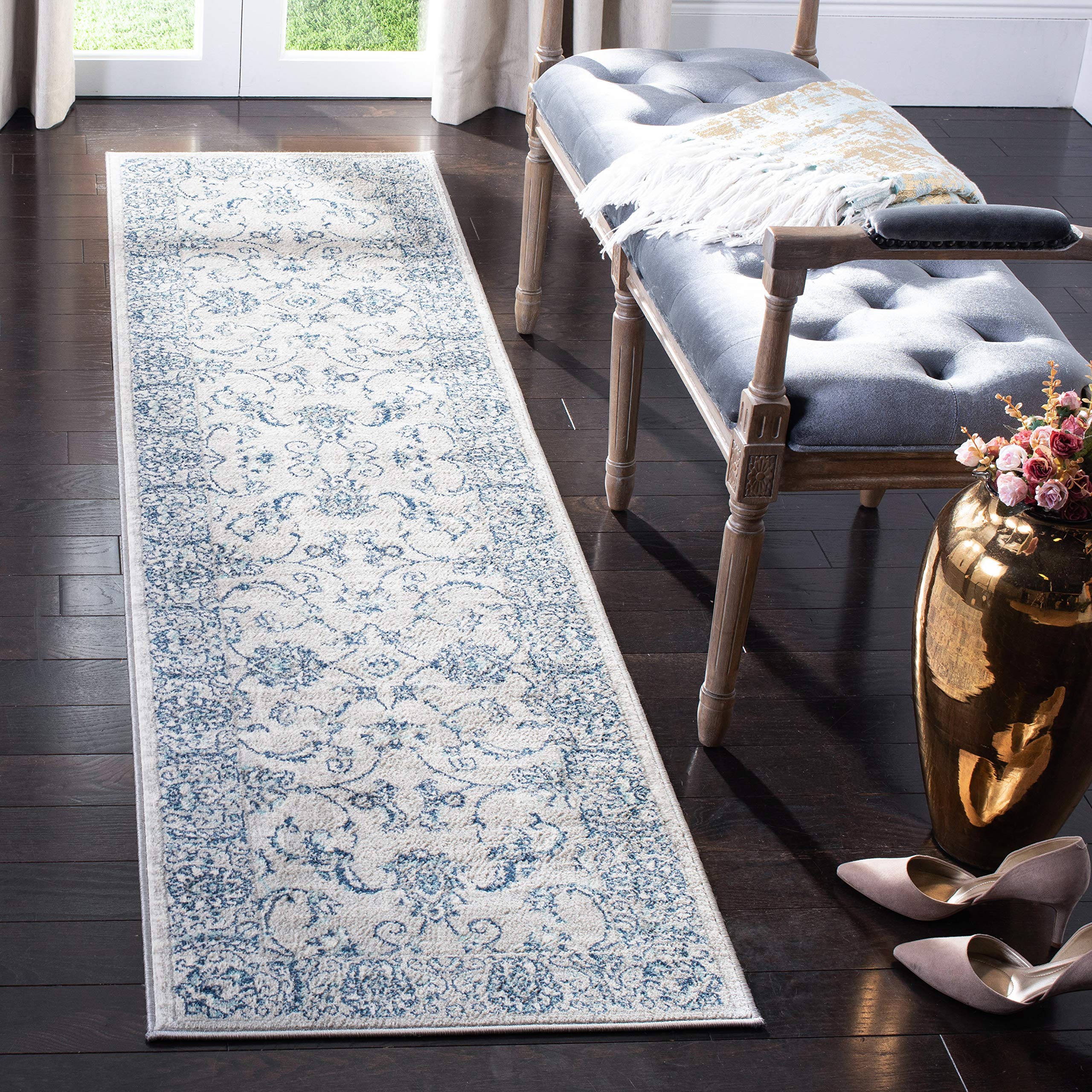 SAFAVIEH Brentwood Collection 2 x 8 Light Grey/Blue BNT854G Oriental Floral Scroll Non-Shedding Living Room Entryway Foyer Hal