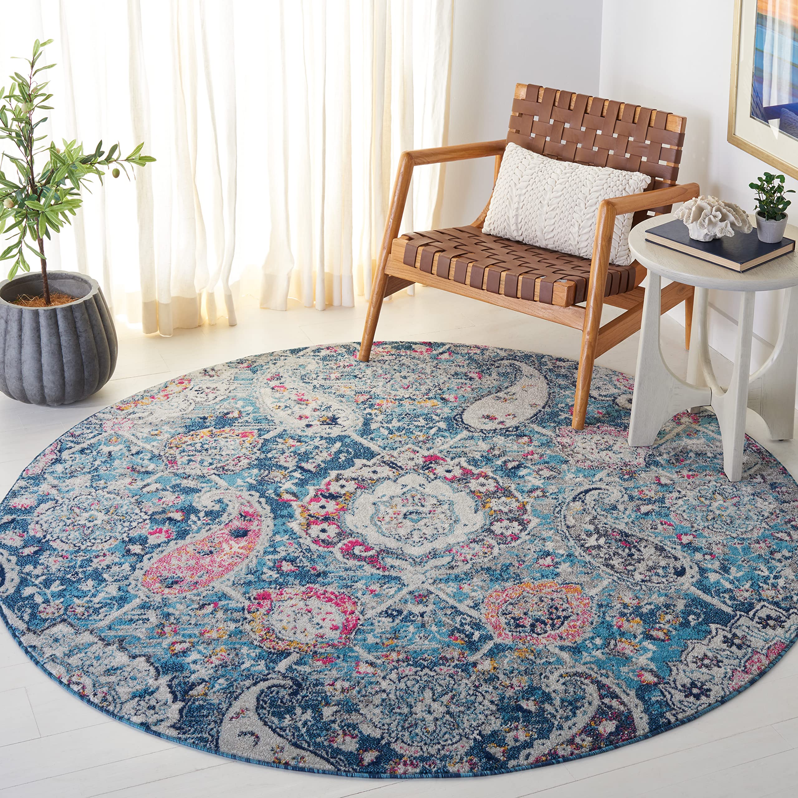 SAFAVIEH Madison Collection Area Rug - 67 Round, Blue & Grey, Boho Chic Glam Paisley Design, Non-Shedding & Easy Care, Ideal fo