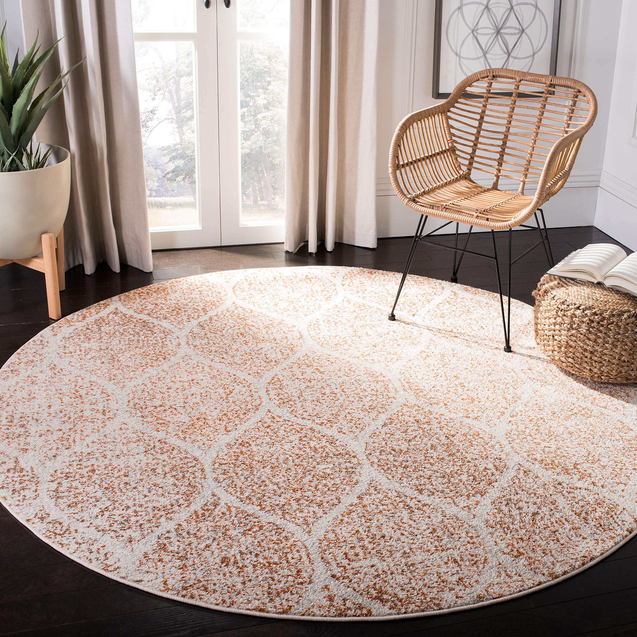 SAFAVIEH Madison Collection 67 Round Cream / Orange MAD604H Glam Ogee Trellis Distressed Non-Shedding Dining Room Entryway Foye