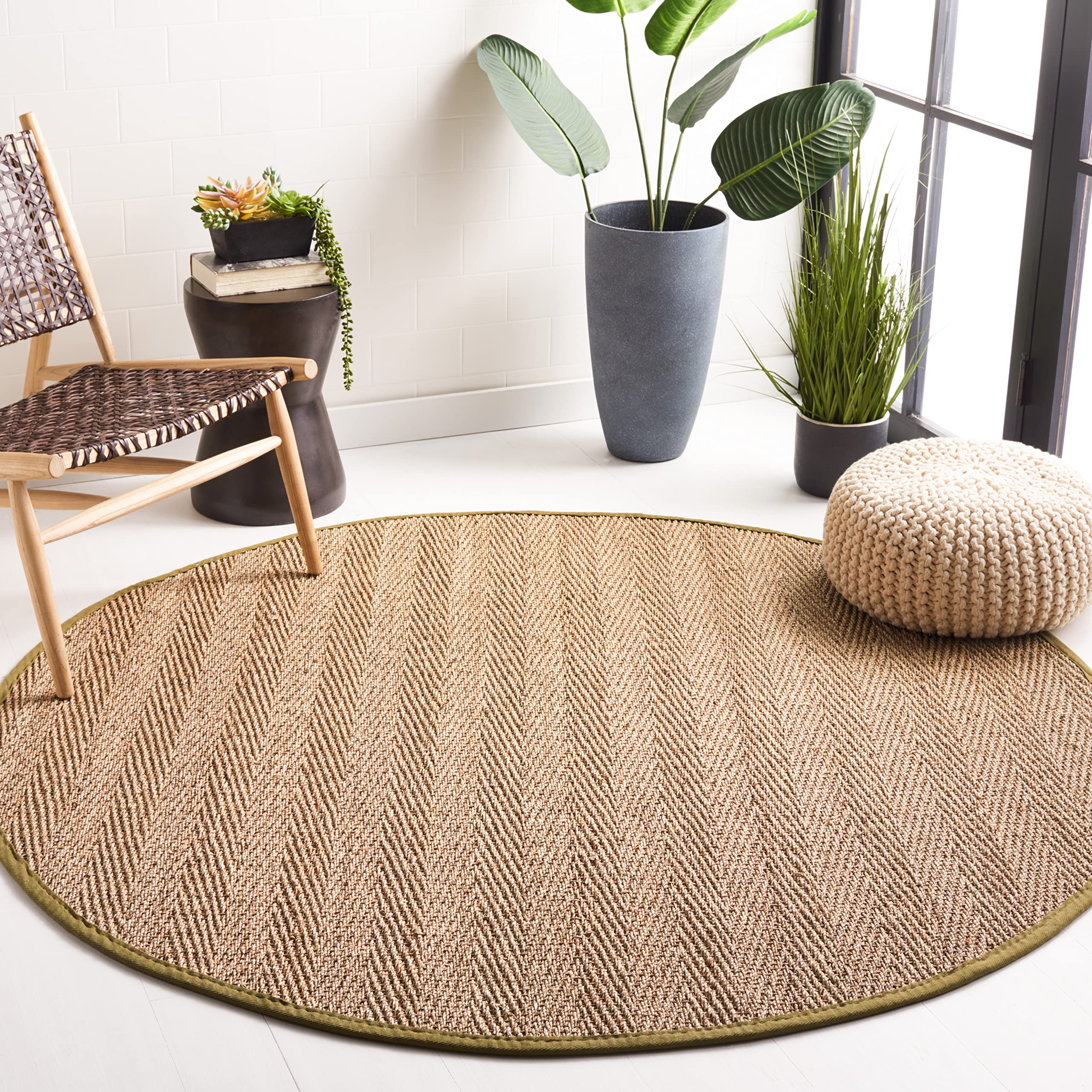 SAFAVIEH Natural Fiber Collection 6 Round Olive NF115G Border Herringbone Seagrass Area Rug