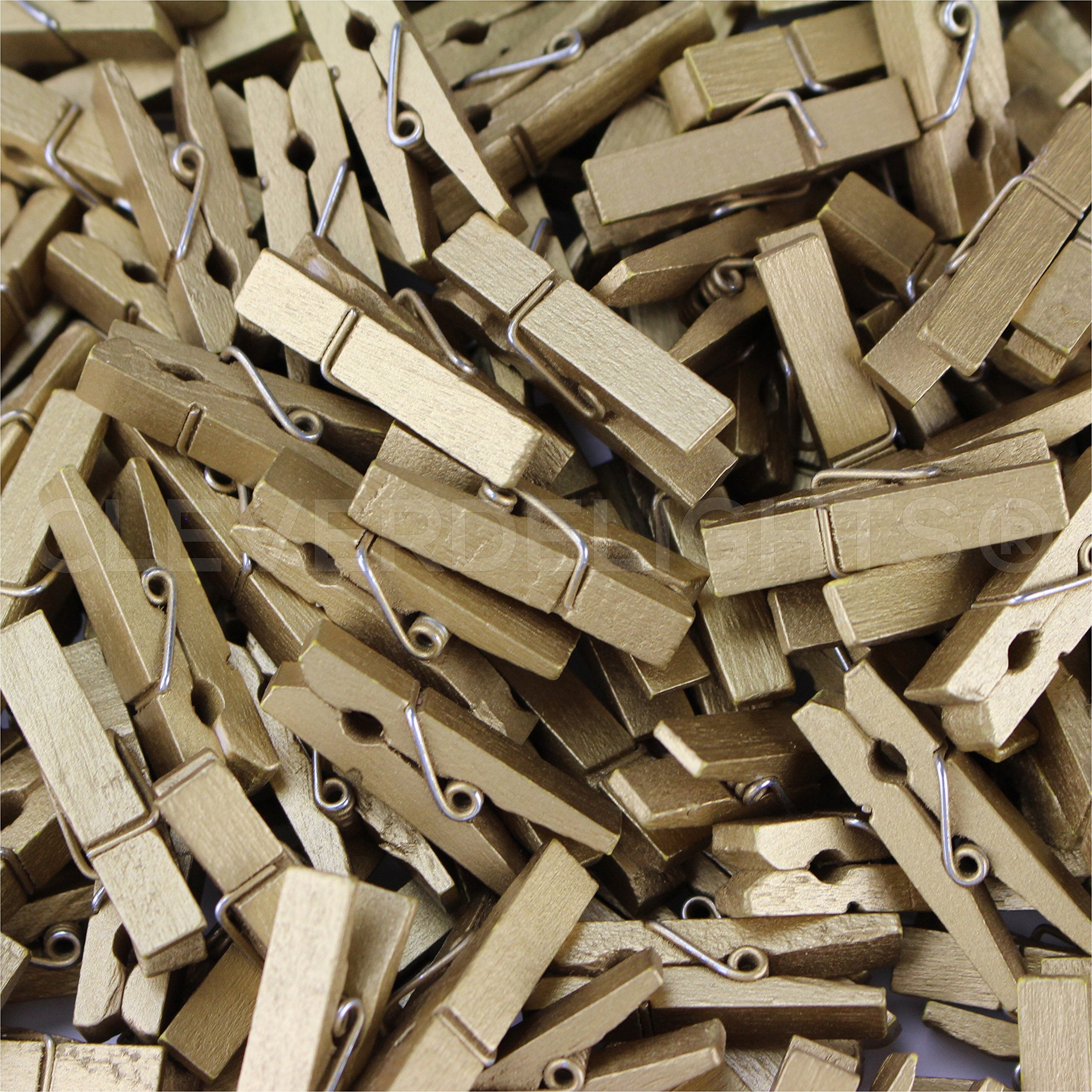 Cleverdelights 1 3/8'' Mini Wood Clothespins - Metallic Gold - 100 Pack