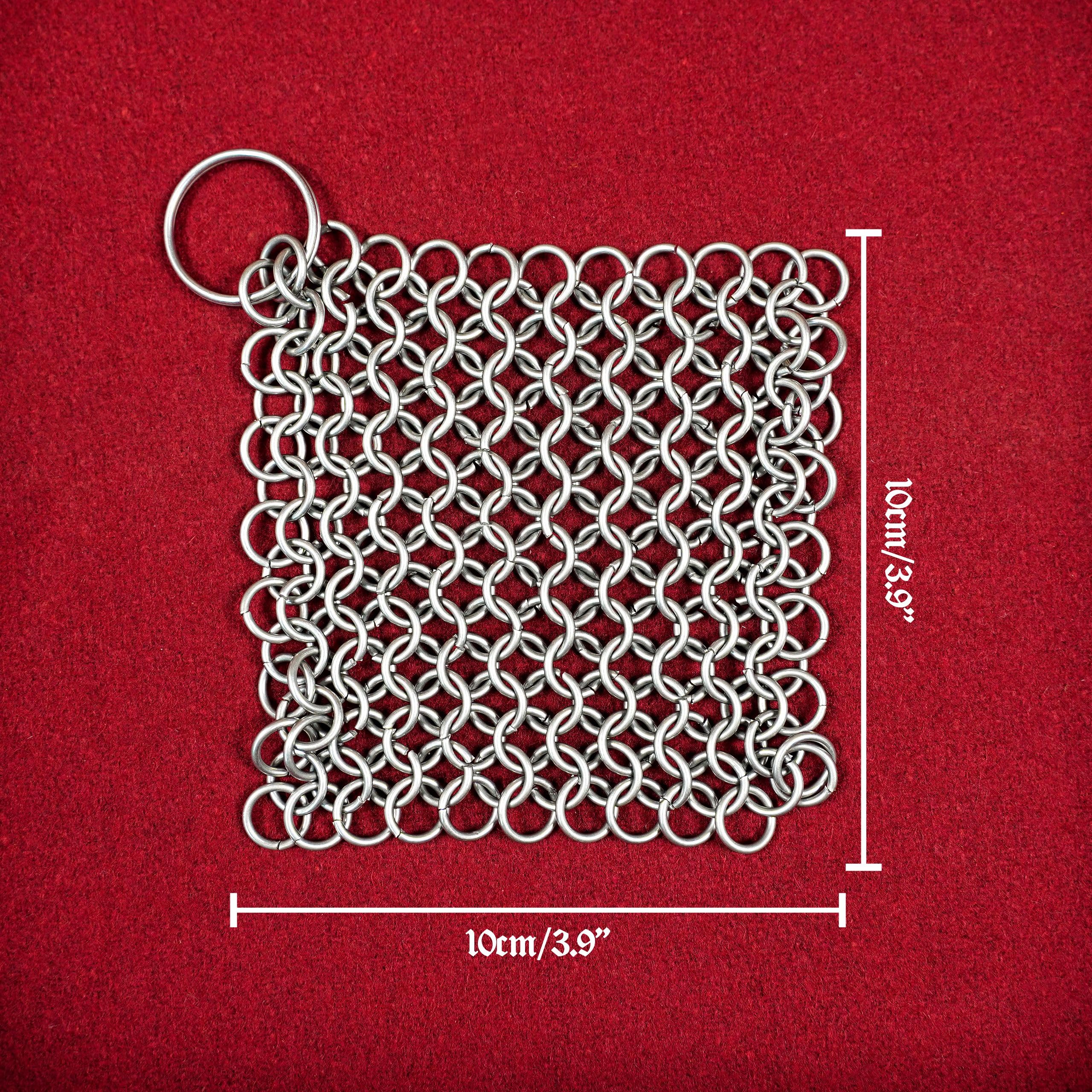 Mythrojan Cast Iron Scrubber - 316 Stainless Steel Chainmail Cleaner 3.9"x3.9" for Pre-Seasoned Pans & BBQ Grills