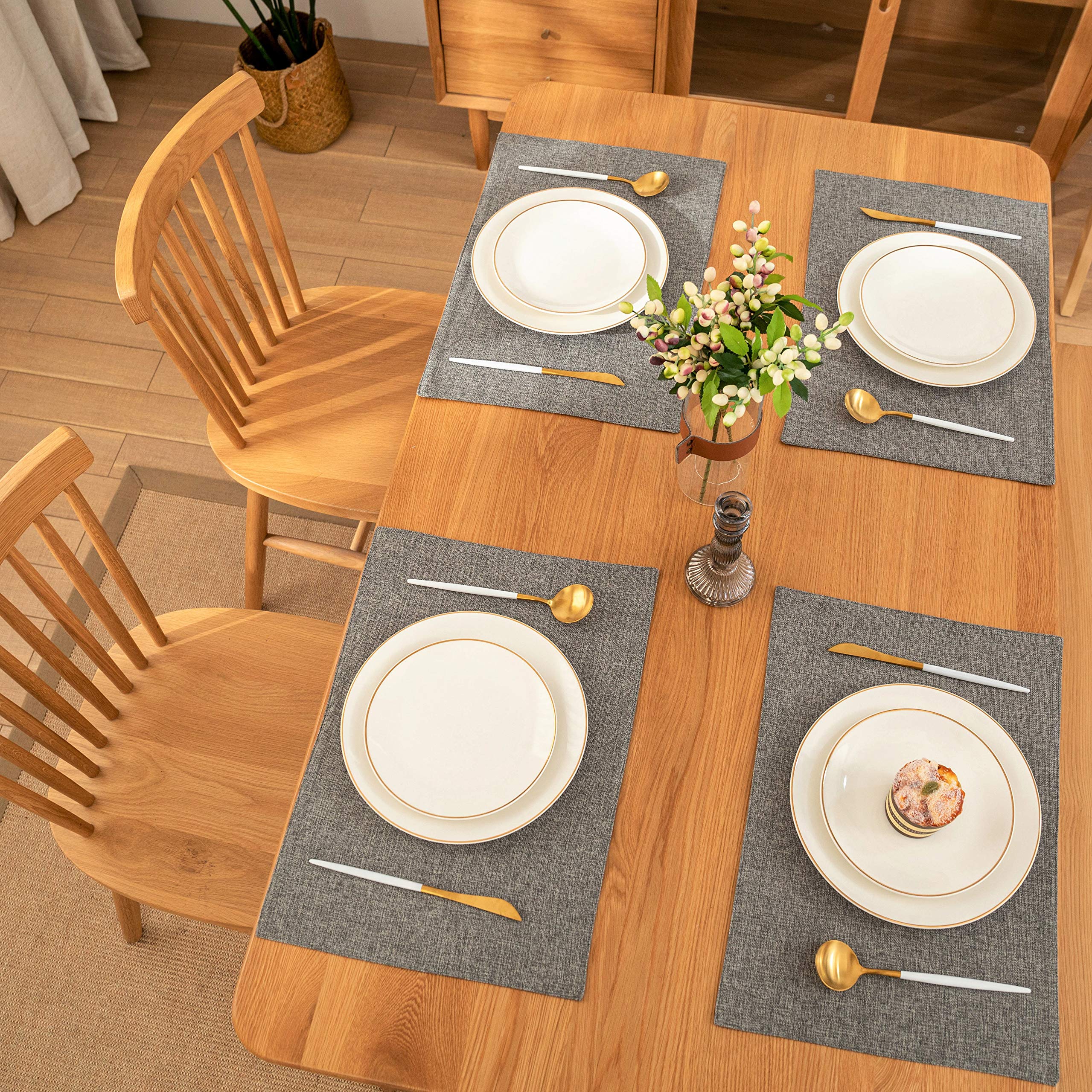Spring Garden Home Woven Placemats Indoor Set Of 4 Decorative Roll Up Kitchen Dining Table Place Mats, 13X19 Inch, Dark Grey