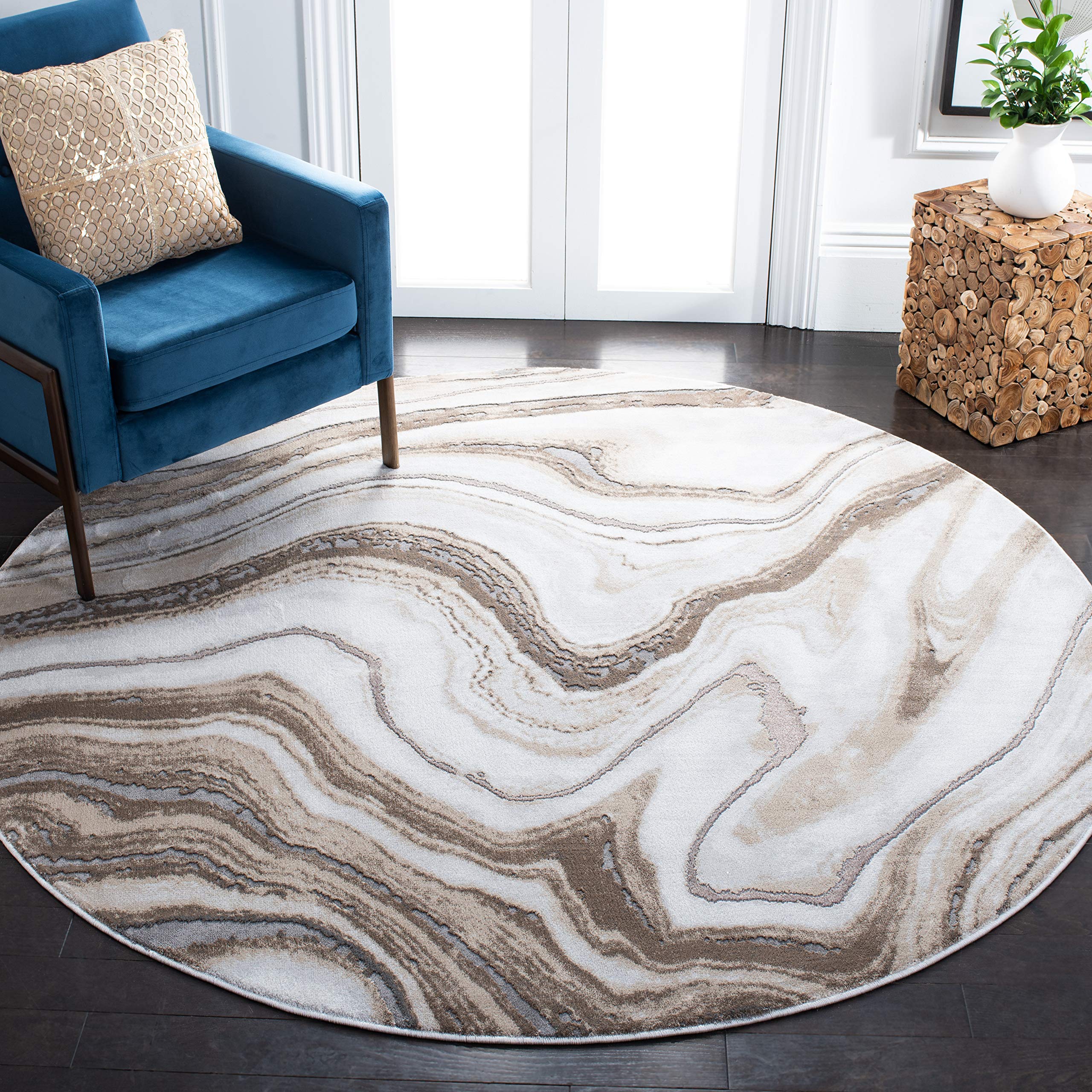 SAFAVIEH Craft Collection Area Rug - 8 Round, Gold & Grey, Modern Abstract Design, Non-Shedding & Easy Care, Ideal for High Tra