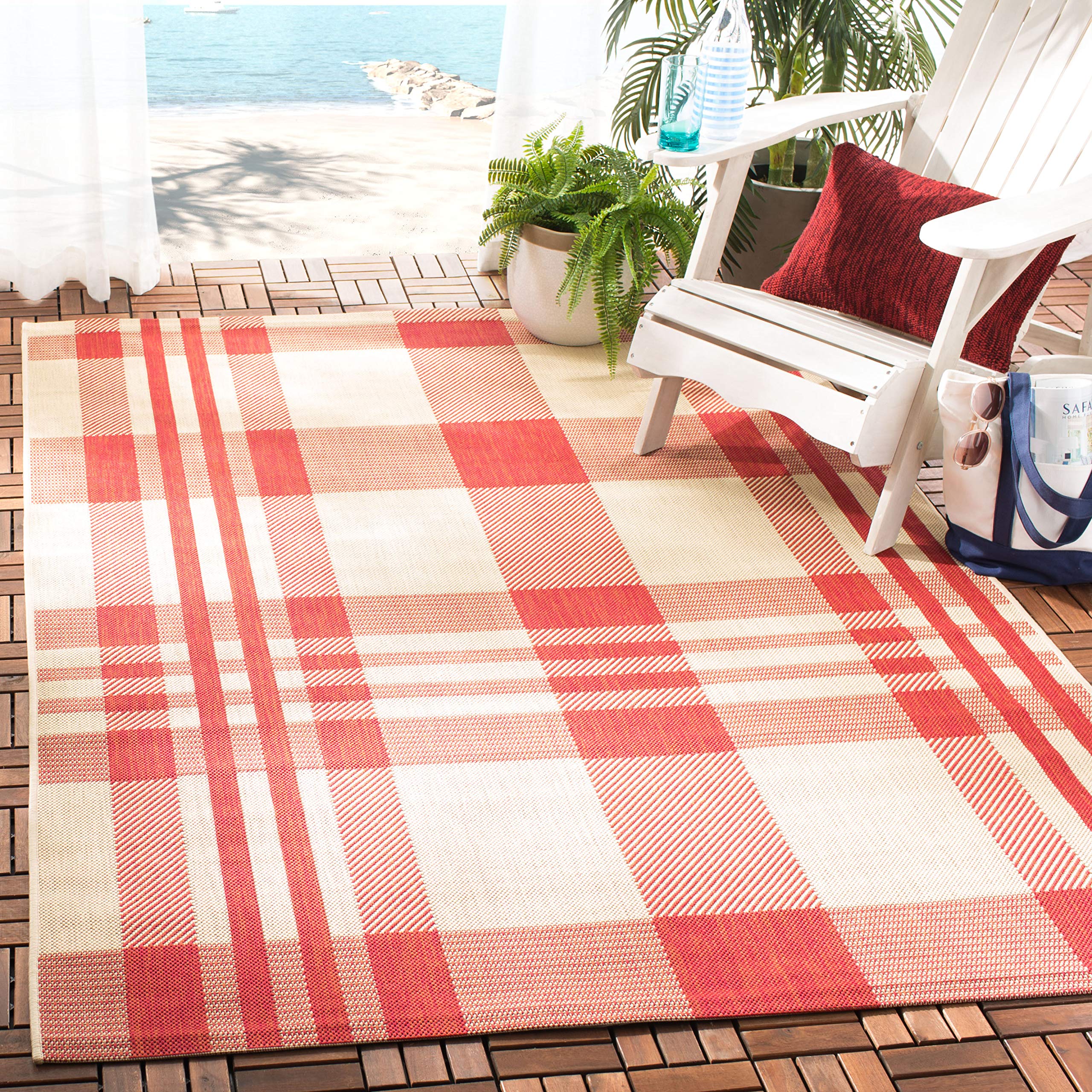 SAFAVIEH Courtyard Collection 53 Square Red/Bone CY6201 Plaid Indoor/ Outdoor--Waterproof Easy--Cleaning Patio Backyard Mudroom