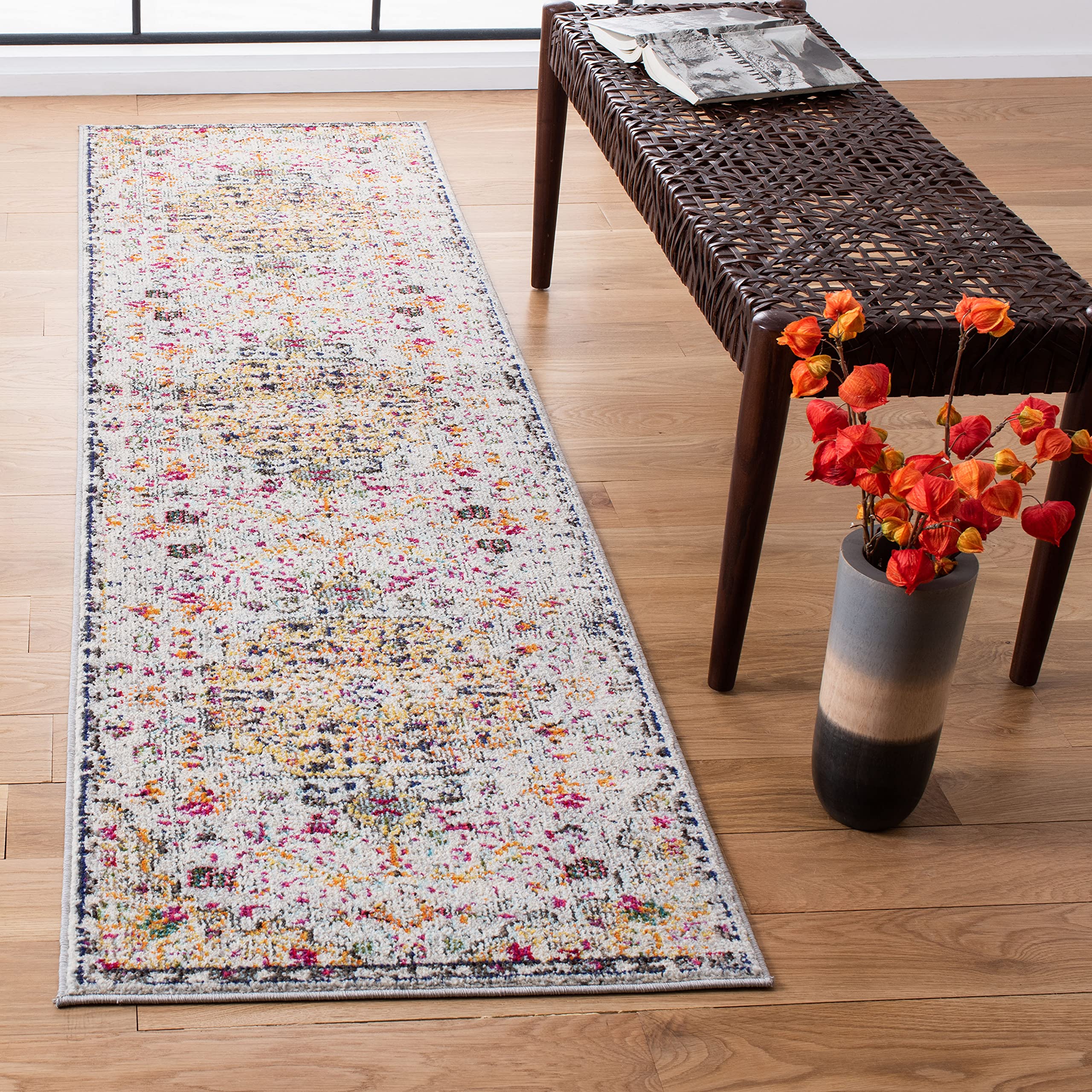 SAFAVIEH Madison Collection Runner Rug - 22 x 22, Grey & Gold, Boho Chic Medallion Distressed Design, Non-Shedding & Easy Care