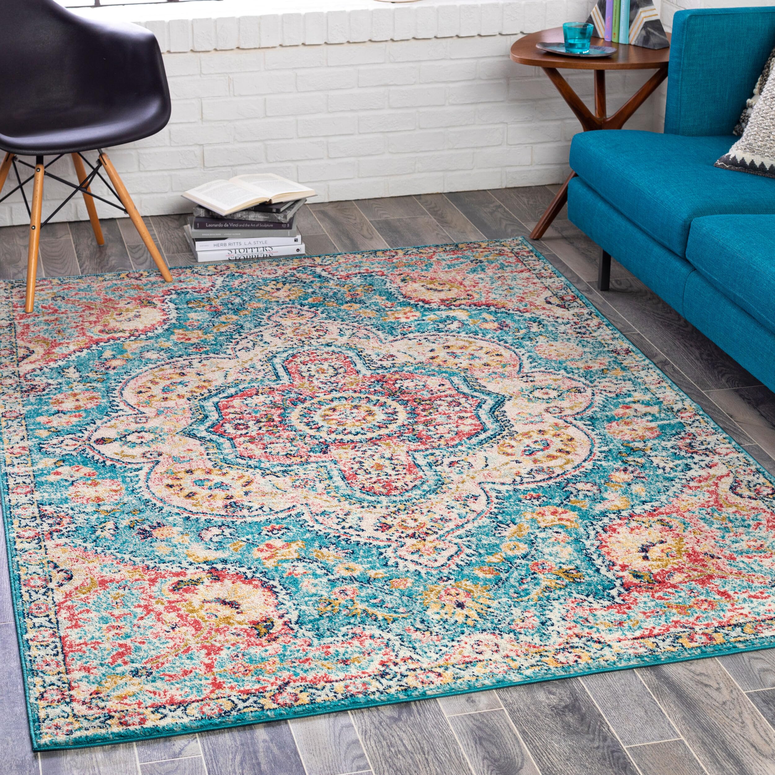 Livabliss Area Rugs - 2x3 Romaine Vintage Boho Navy Sky Blue Rose Area Rug for Living Room Bedroom - Floral Medallion Stain Resi