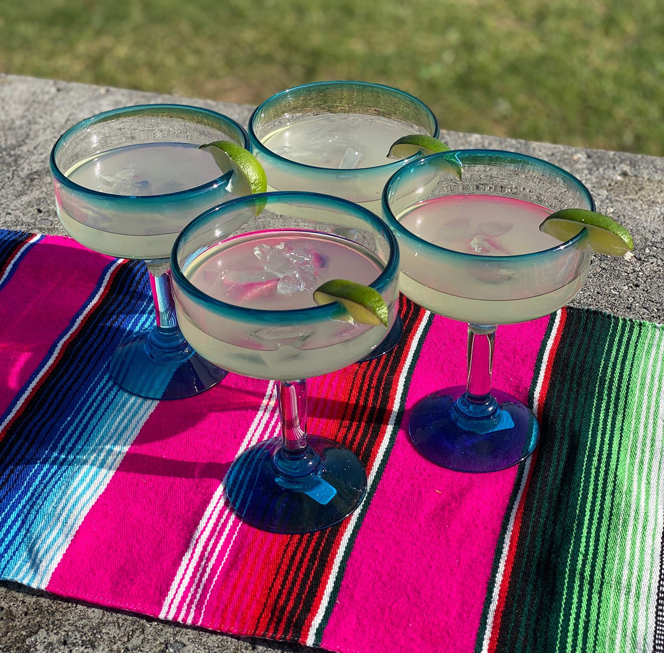 Mexican Hand Blown Glass - Set Of 4 Hand Blown Margarita Glasses (16 Oz) With Aqua Blue Rims