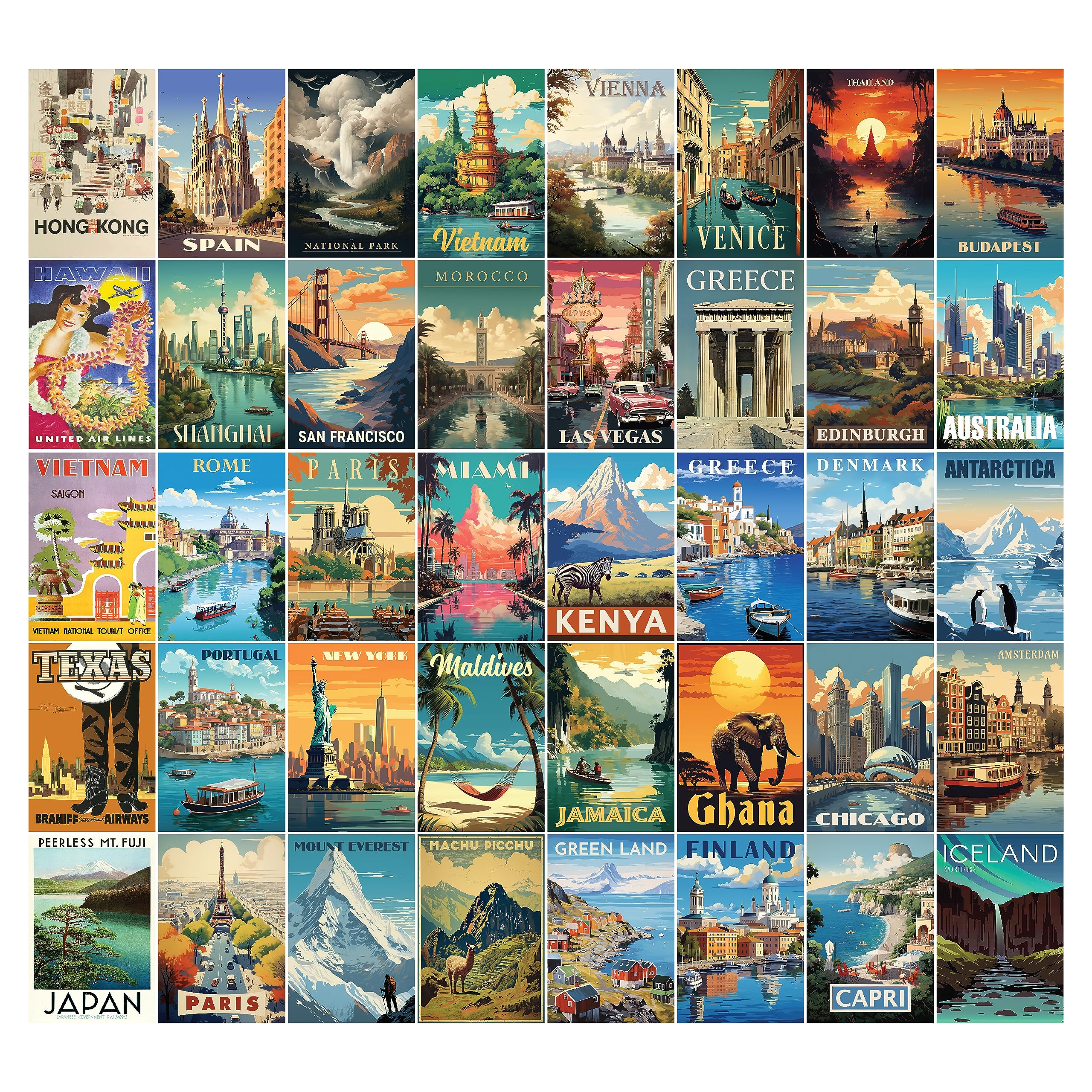 97 Decor Vintage Travel Decor Posters - World Travel Wall Art Prints, Retro Popular Cities Photo Collage Kit, Trendy City Landsc