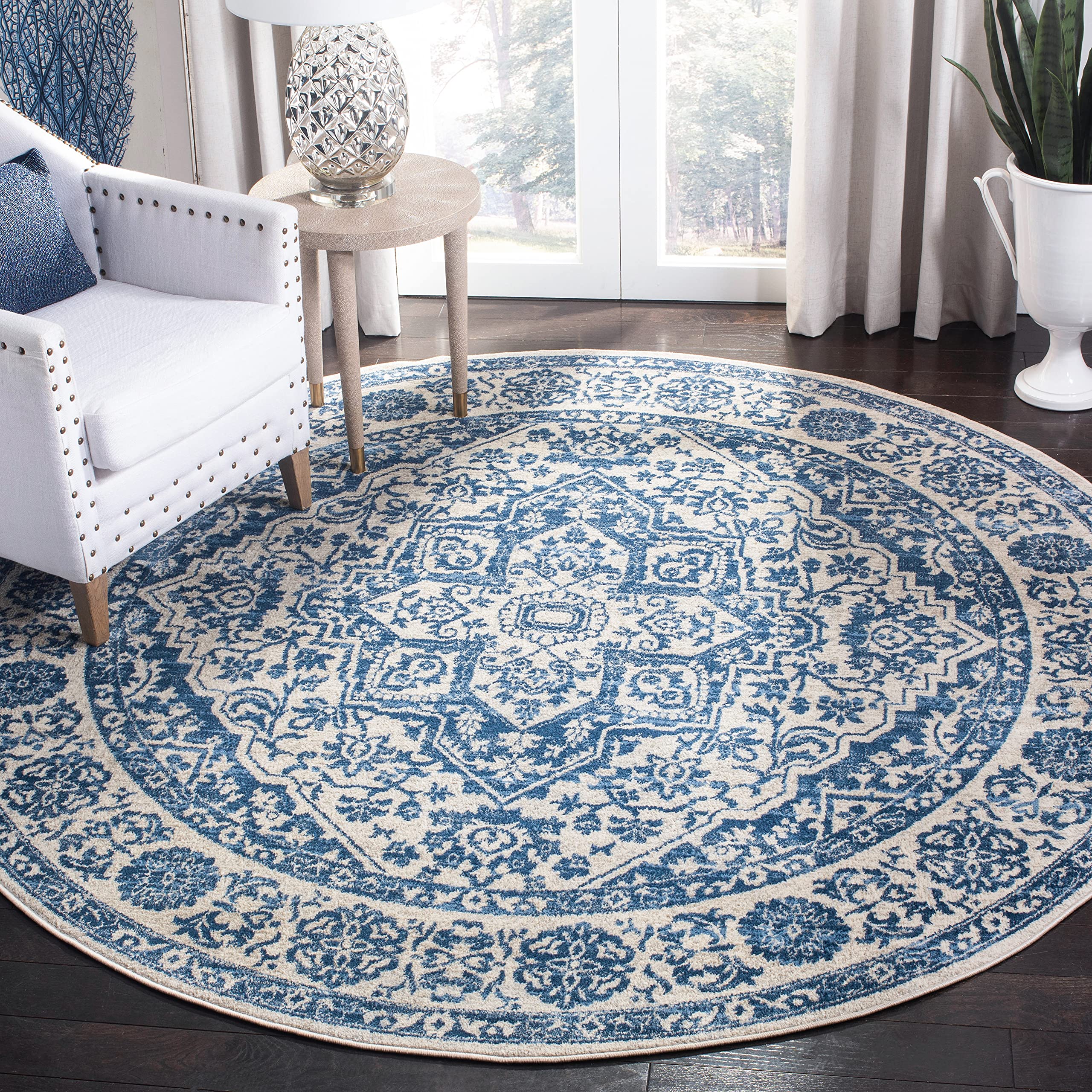 SAFAVIEH Brentwood Collection 3 Round Navy / Light Grey BNT832M Medallion Distressed Non-Shedding Dining Room Entryway Foyer Li