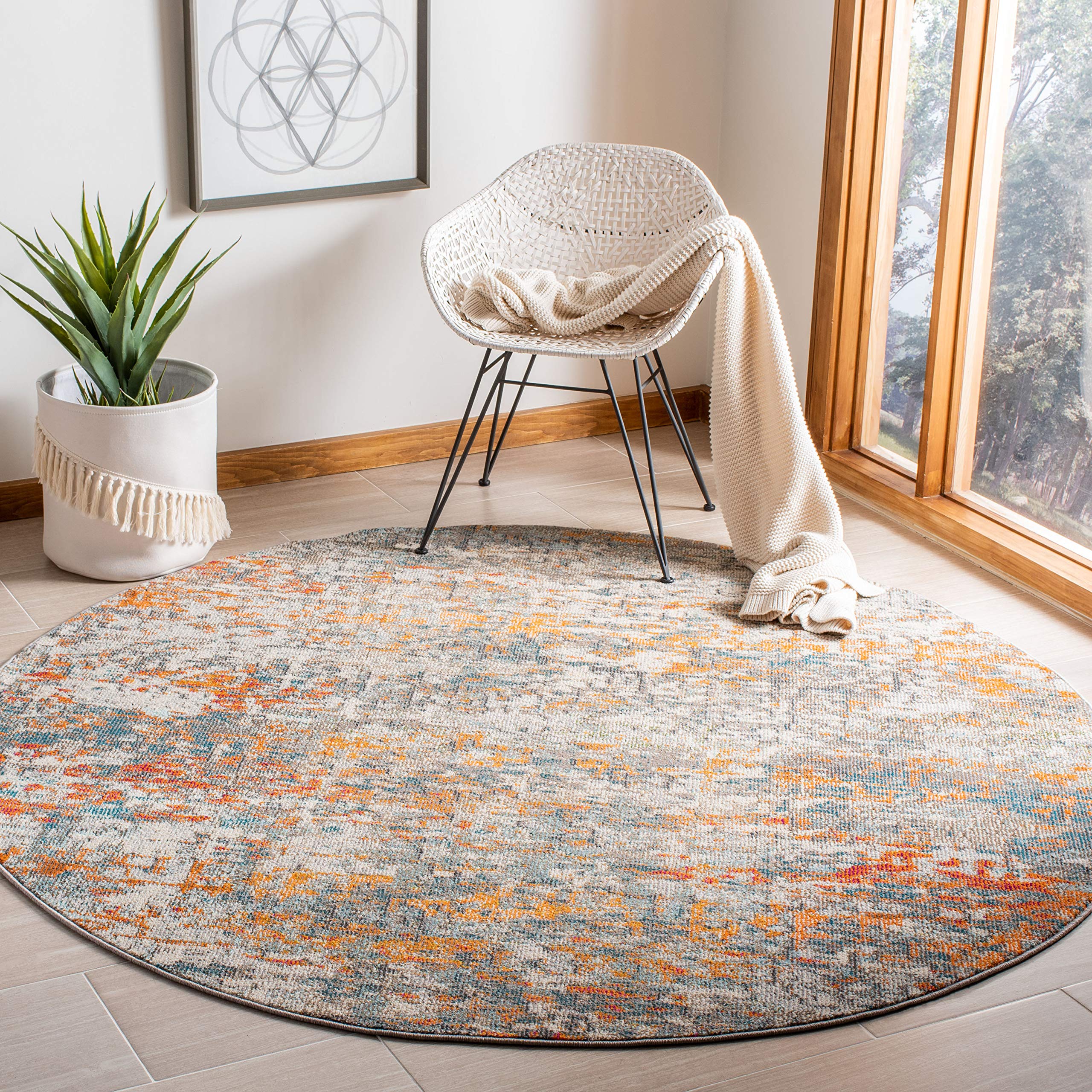 SAFAVIEH Madison Collection 9 Round Grey/Orange MAD460F Modern Abstract Non-Shedding Dining Room Entryway Foyer Living Room Bed