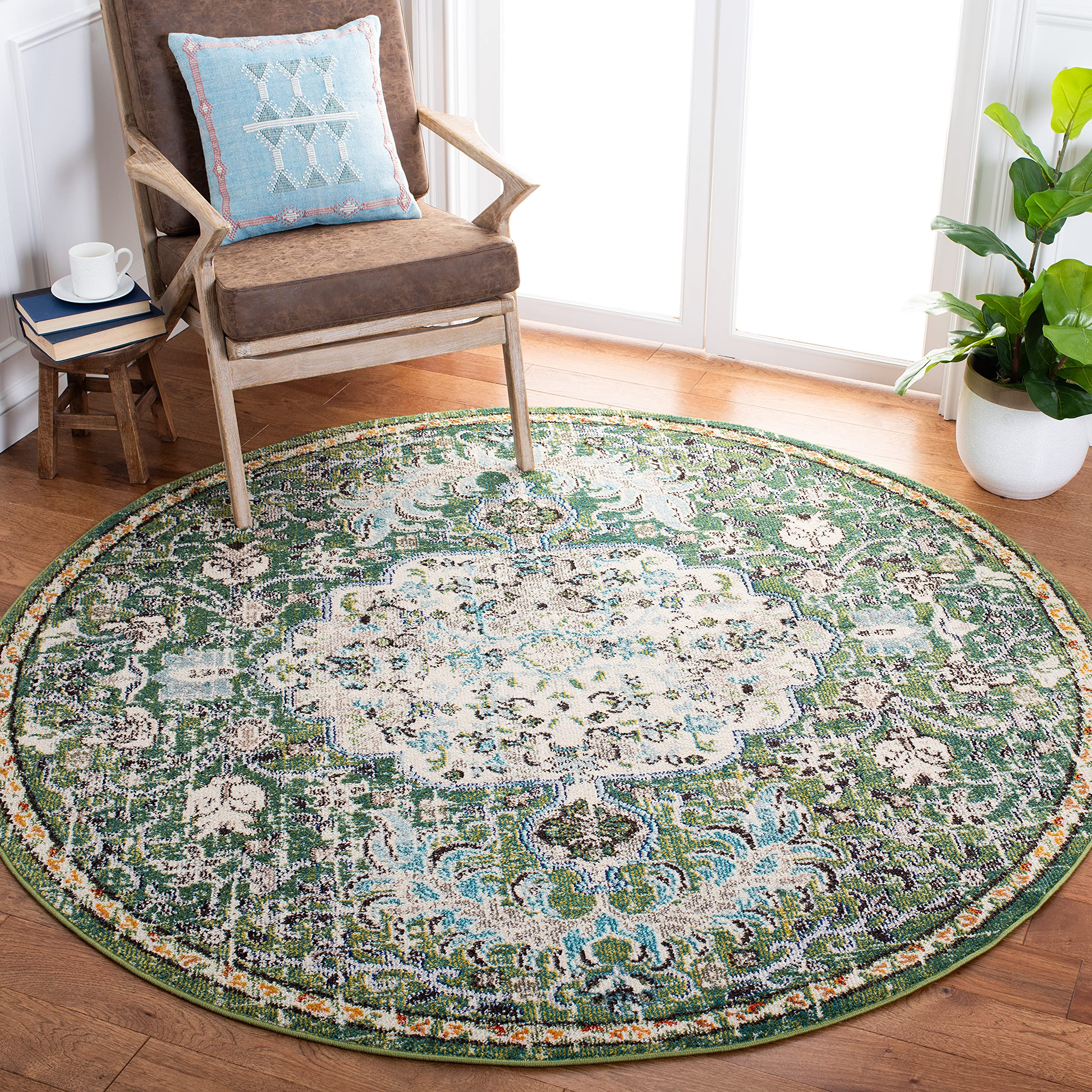 SAFAVIEH Madison Collection Round Rug - 8 Round, Green & Turquoise, Transitional Design, Slip Resistant & Stain Resistant, Idea