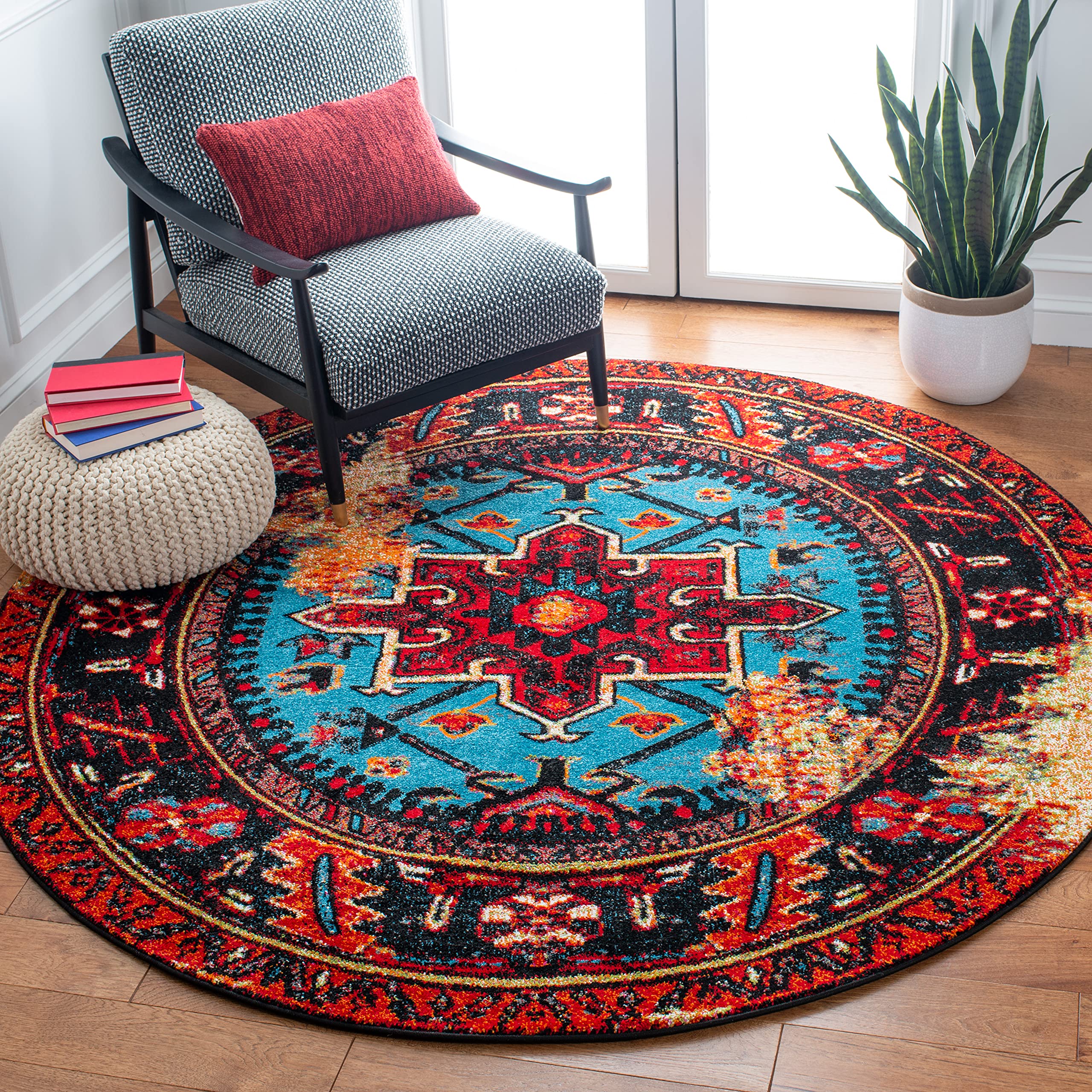 SAFAVIEH Vintage Hamadan Collection Area Rug - 67 Round, Red & Light Blue, Traditional Persian Design, Non-Shedding & Easy Care