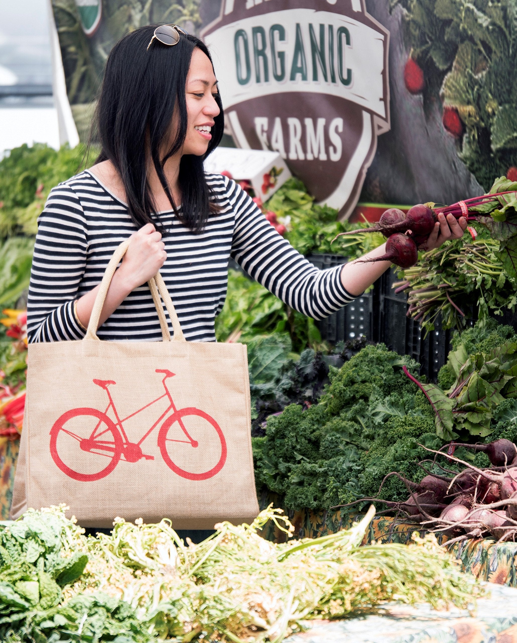 Kaf Home Jute Market Tote Bag With Bicycle Print, Durable Handle, Reinforced Bottom And Interior Zipper Pocket, Generous Capacit