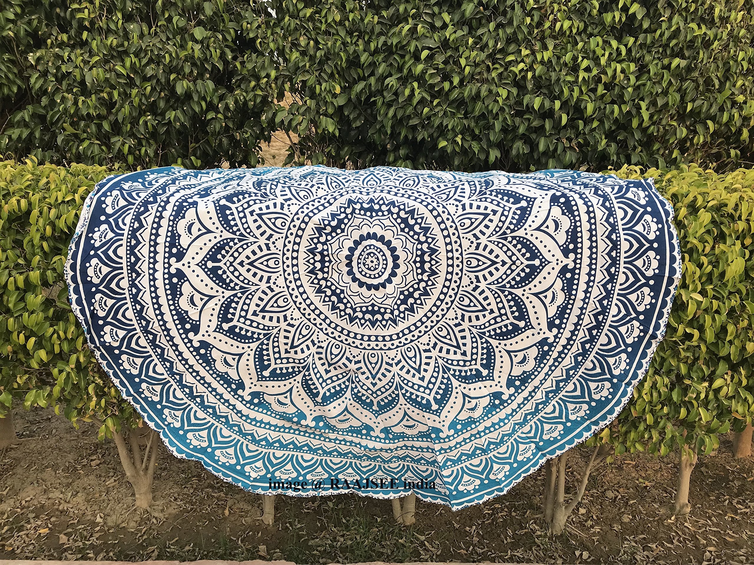 Raajsee Aqua Blue Ombre Round Beach Tapestry Hippie/Boho Beach Blanket Roundie/Indian Cotton Throw Bohemian Round Table Cloth/Yo