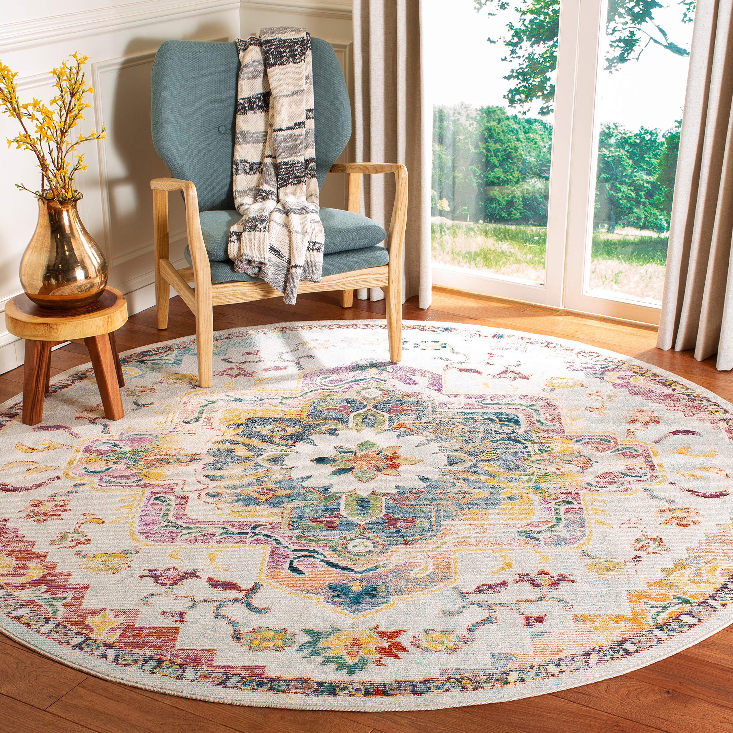 SAFAVIEH Crystal Collection 5 Round Light Blue/Grey CRS501M Boho Chic Oriental Medallion Distressed Non-Shedding Dining Room En